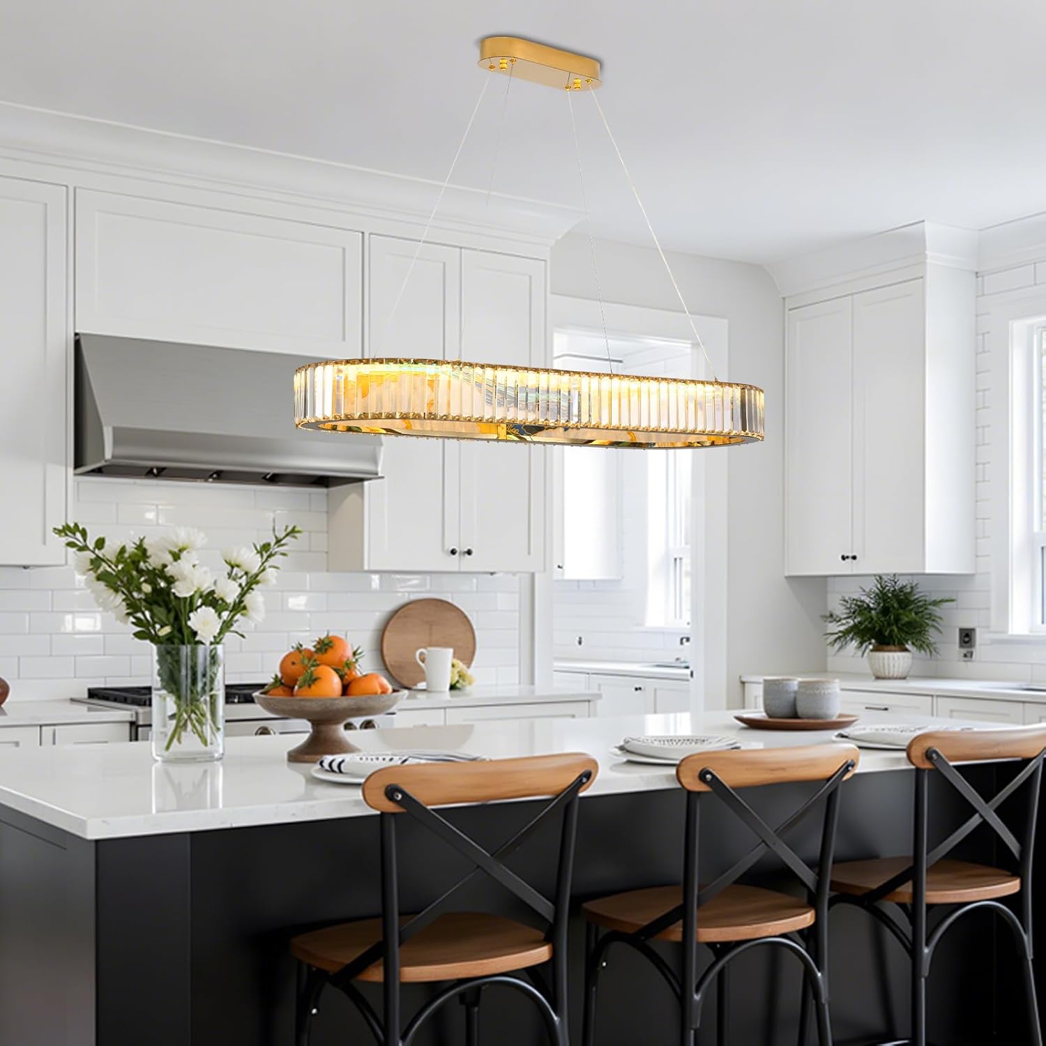 Rectangular Crystal Chandelier, Modern Pendant Lighting Adjustable Ceiling Light Fixture for Living Room Dining Room Bedroom (rectangular-40inch,No Assembly Required)