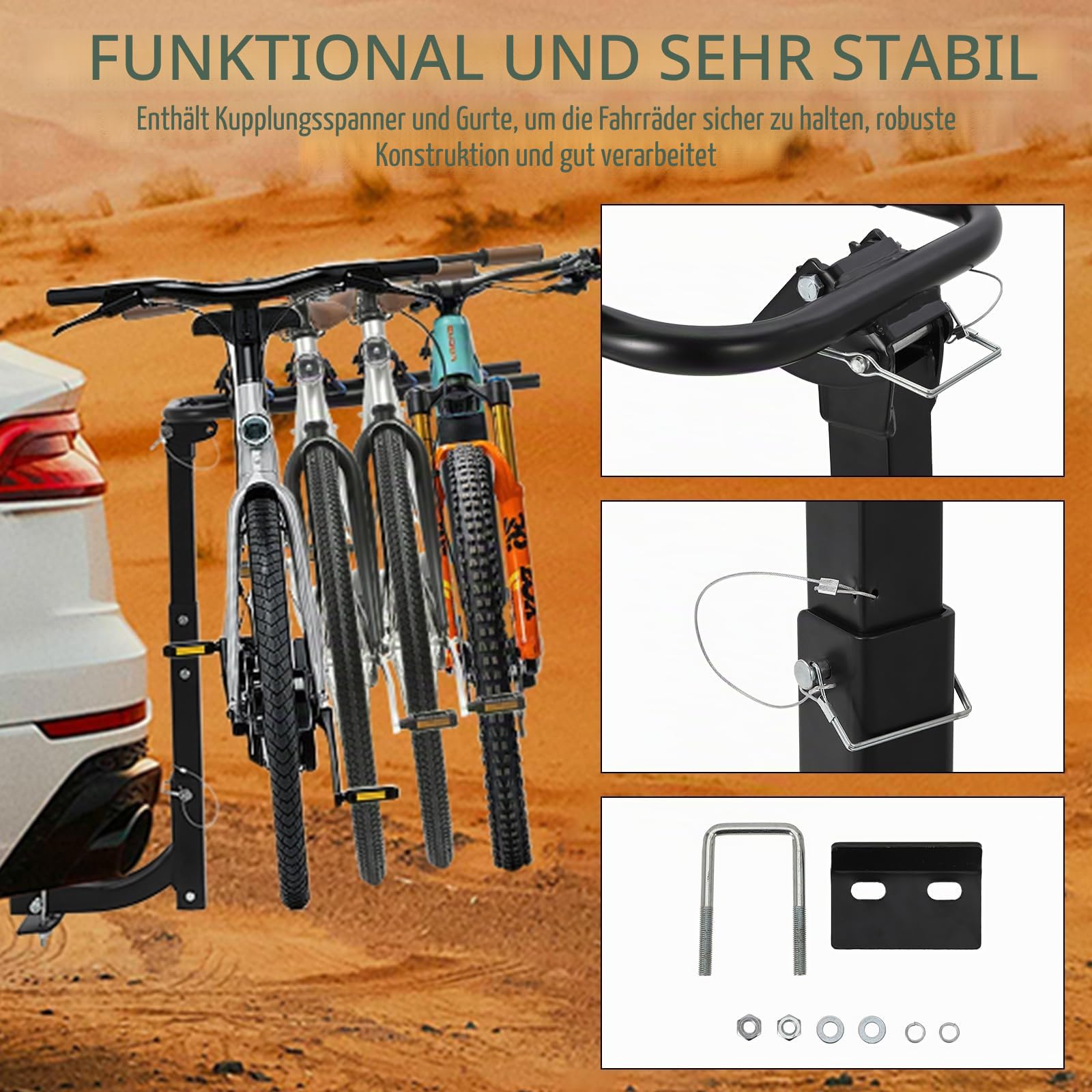 Fahrradheckträger für Auto, Fahrradträger für 4 Fahrräder mit Stabilisator und Riemen Sowie 2 Sattelsätzen, Fahrradträger für Anhängerkupplung für E-Bikes Geeignet