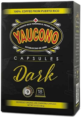 كبسولات Yaucono Espresso ، Dark Roast ، 100 بالمائة قهوة من بورتوريكو متوافقة مع ماكينات نسبريسو ، 18 Count Pack of 1