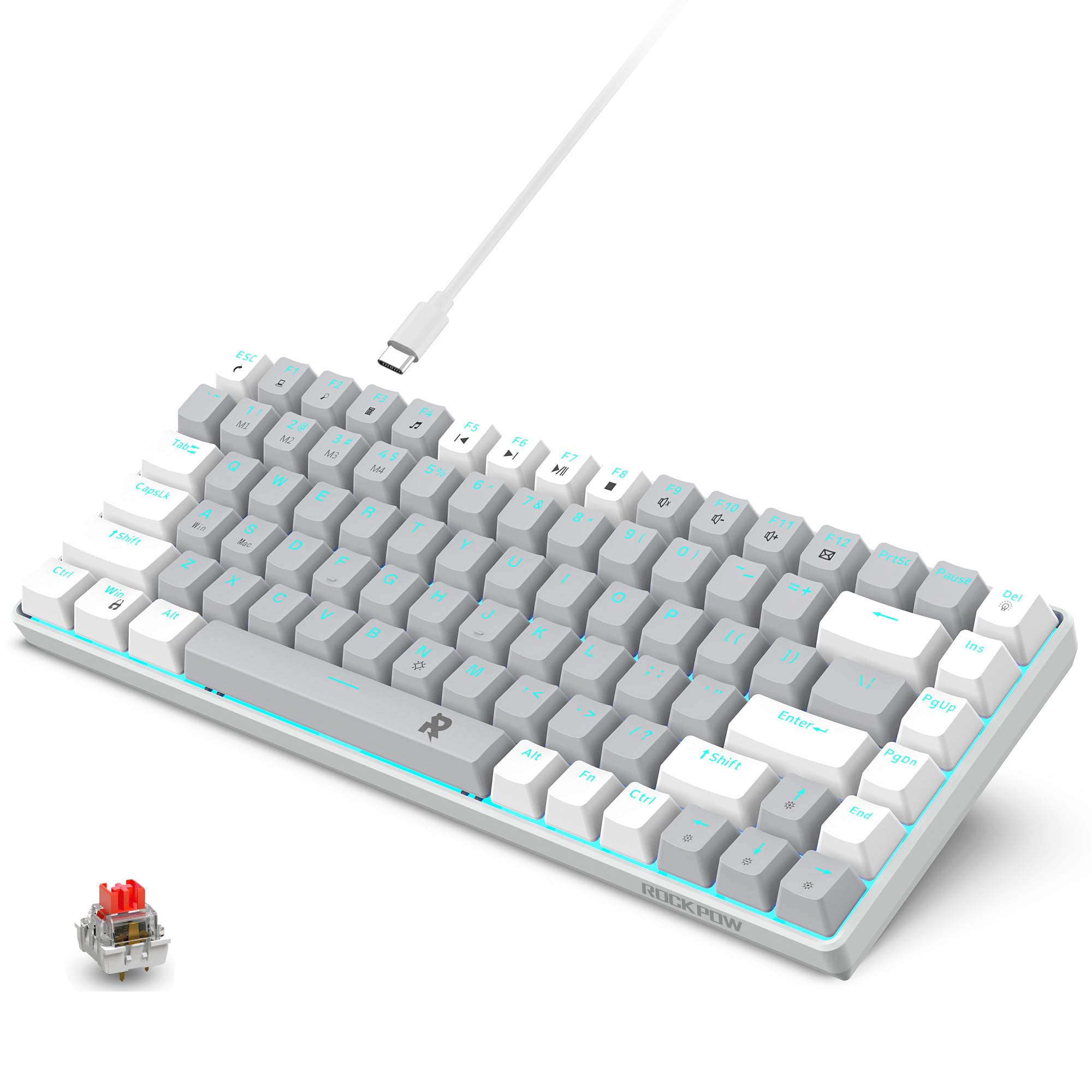 ROCK POW 70% Wired Mechanical Gaming Keyboard, 84-Key Ice Blue Backlit Mini Keyboard, Compact for PC/Mac Gaming & Typing, Easy Carry on Trip, Red Switch