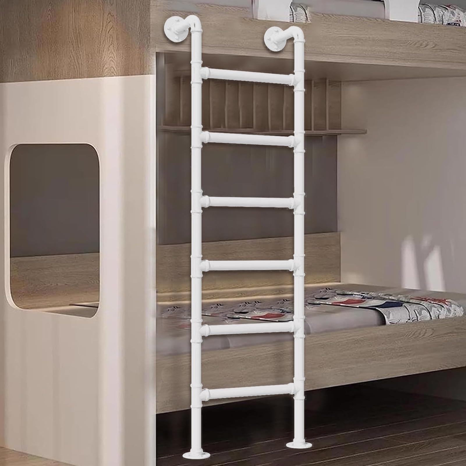 Escalera de hierro forjado blanco de 4 a 8 peldaños para altillos y literas