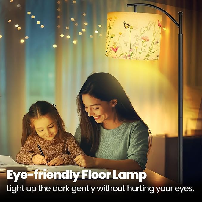 GDYAONCA Arc Floor Lamp, Modern Delicate Floral Pattern Meadow Flowers Pink kosmeya Wildflowers Standing Lamp with Adjustable Hanging Linen Shade Foot Switch for Living Room Bedroom Study Room Office photo 2