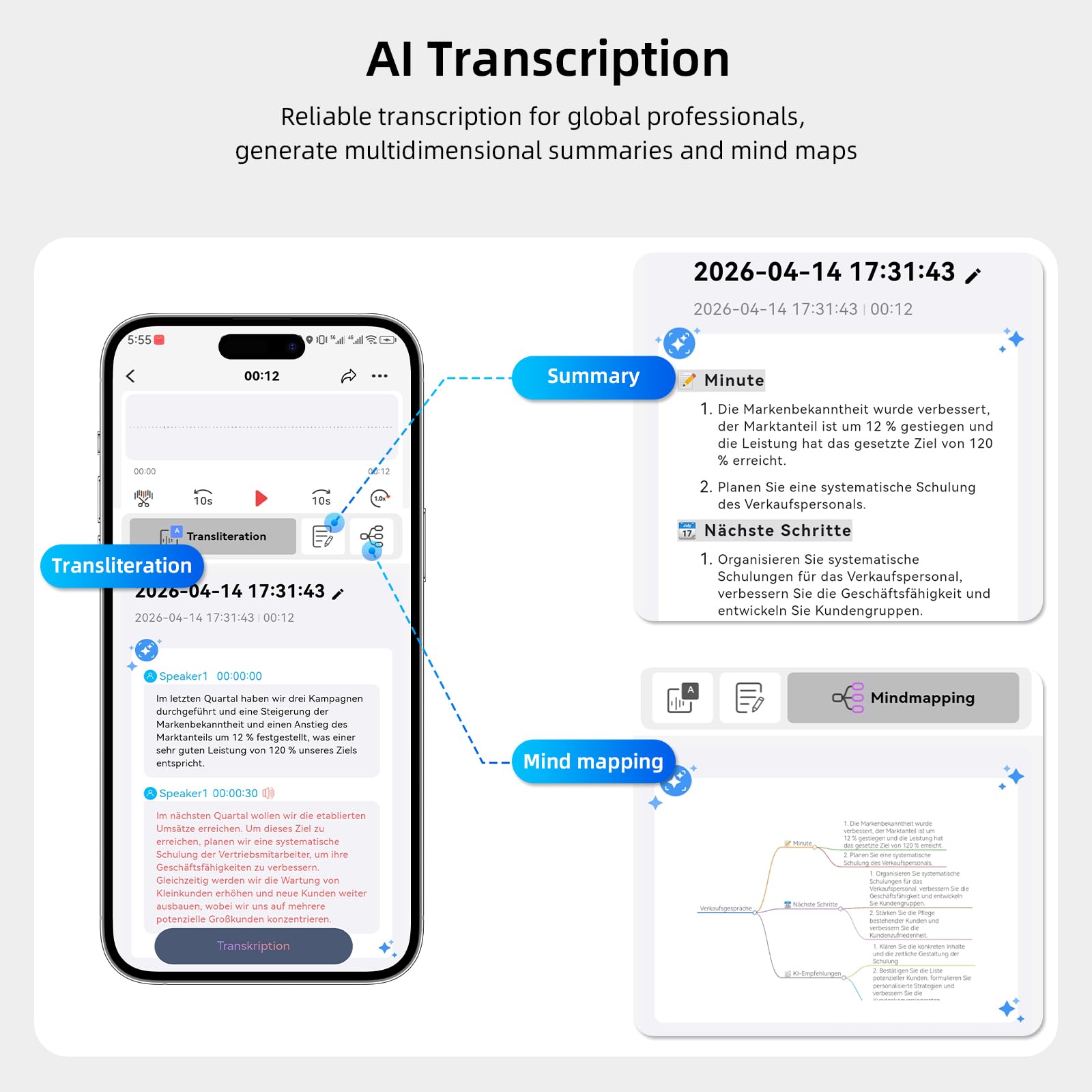 Grabadora de Voz AI con Transcripción IA Resúmenes Multidimensionales Grabación, Grabación Continua Durante 30 días. Control de la aplicación grabadora de Audio para Lección Entrevista Charlas Clases
