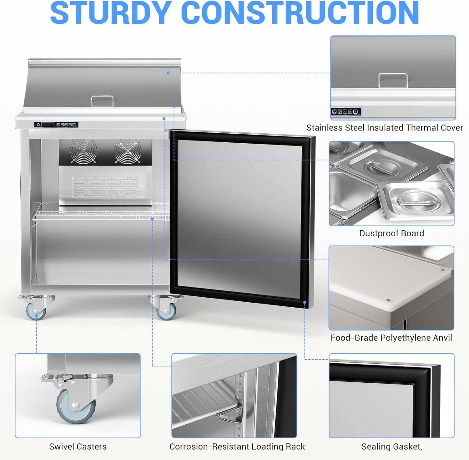 GAOMON Commercial Refrigerator, 28" Sandwich & Salad Prep Table, 7.42 Cu. Ft Stainless Steel Refrigerated Food Prep Station with 8 Pans, Cut Board, 1 Door Worktop Fridge with lock for Restaurant
