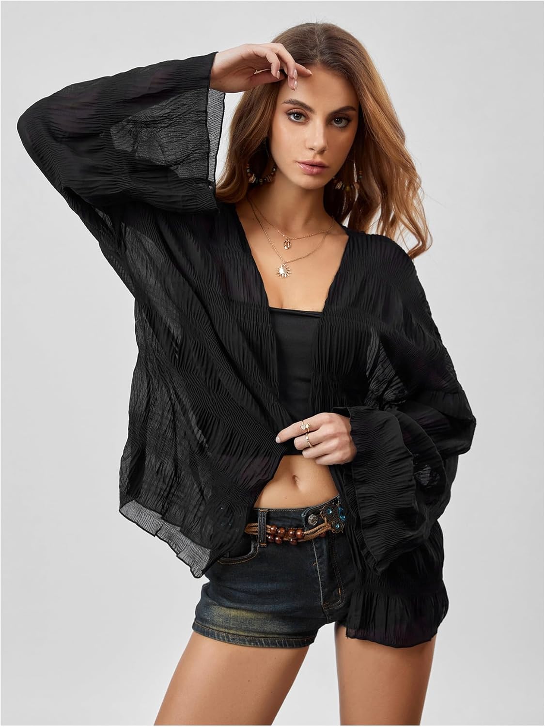 SHENHE Women's Lightweight Kimono Cardigan Bell Sleeve Open Front Loose Textured Cardigan - Image 4