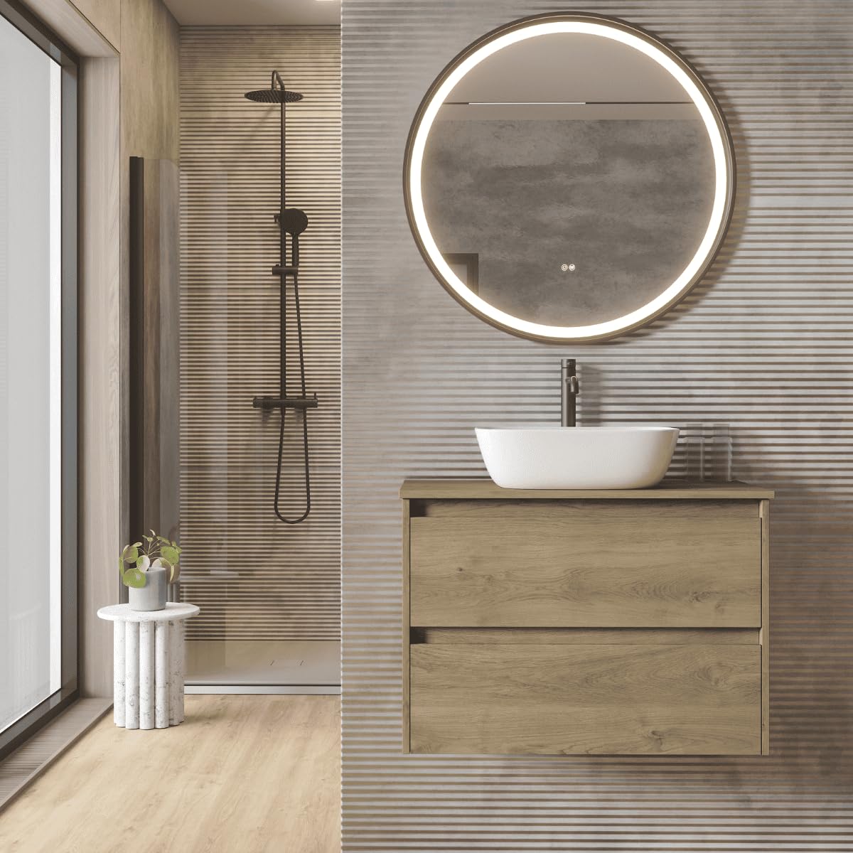 Mueble de Baño Suspendido Fondo Reducido con Lavabo Sobreponer Cerámico para Aseos | Mueble Volado 2 Cajones | 70 cm Roble Natural
