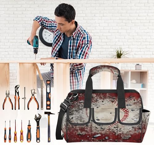 Miniatura 2 de Bolsas de herramientas rústicas de boca ancha con estampado de béisbol para hombres y mujeres, 14 bolsillos, bolsa de herramientas de béisbol, bolsa
