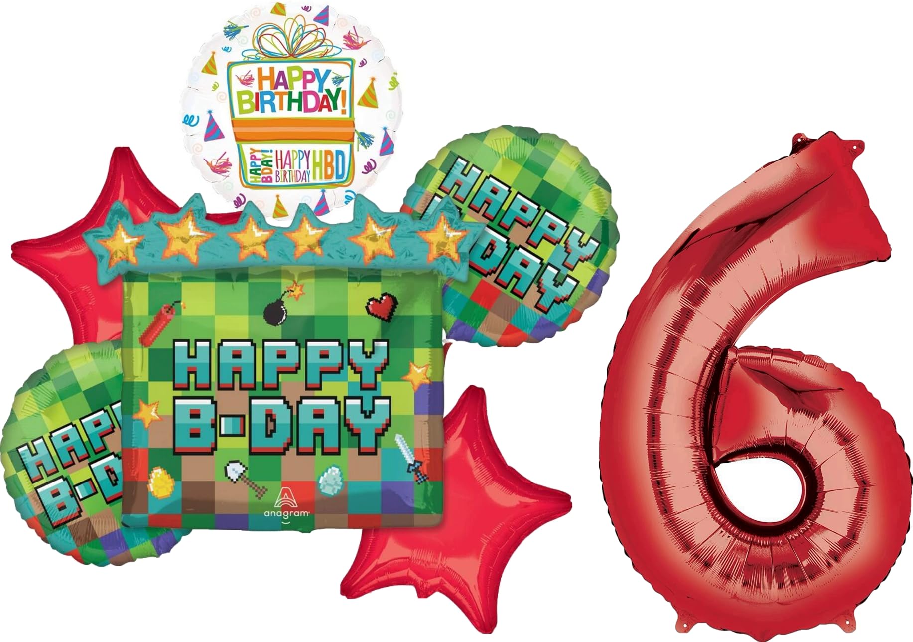 Miner Theme 6th Birthday Party Supplies Video Gamer Pixel TNT Balloon Bouquet Decorations