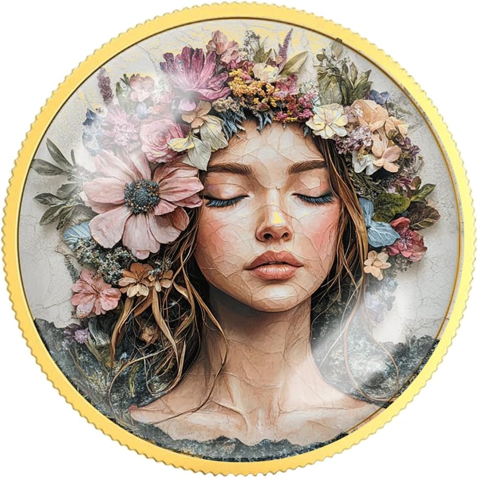 Floral Awakening Coin – Beautiful Flower Crown Medallion – Symbol of Renewal, Feminine Strength & Natural Beauty (Silver Color)