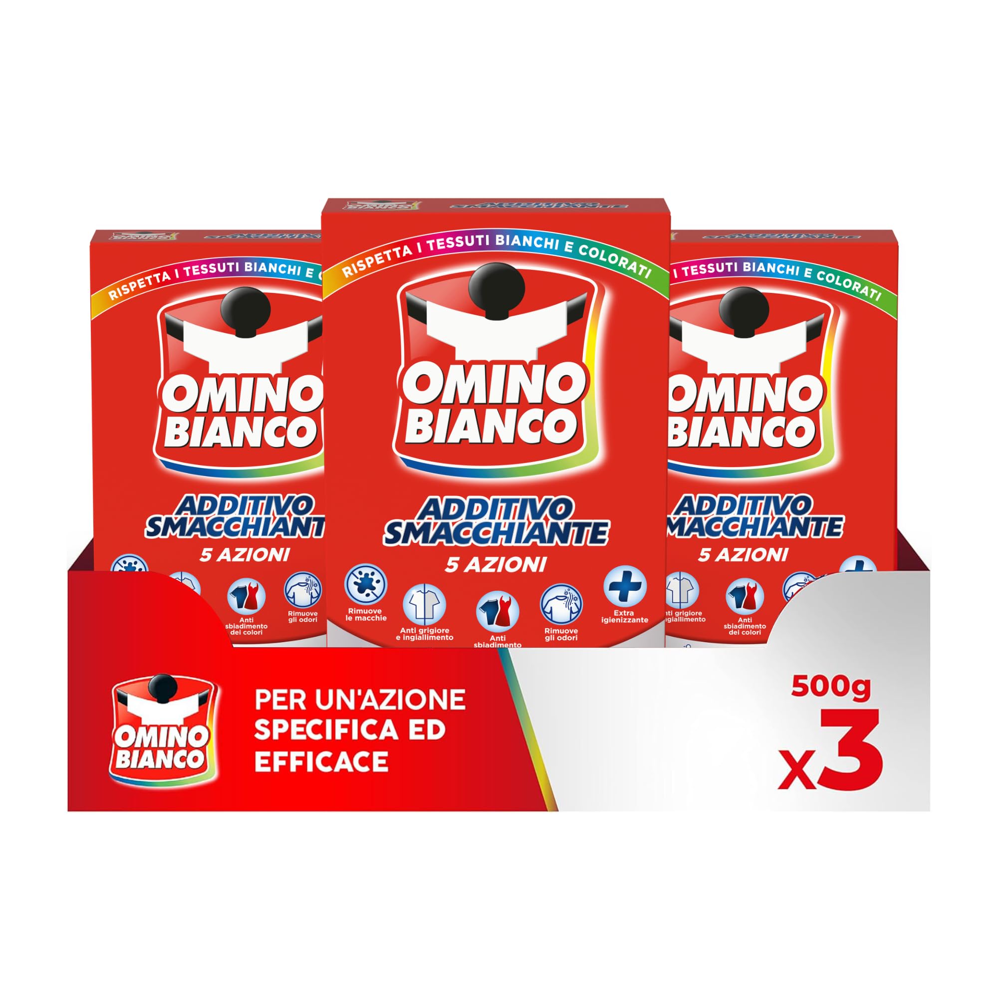 Omino Bianco Additivo Lavatrice Totale in Polvere 5 Azioni in 1, 500 g x 3