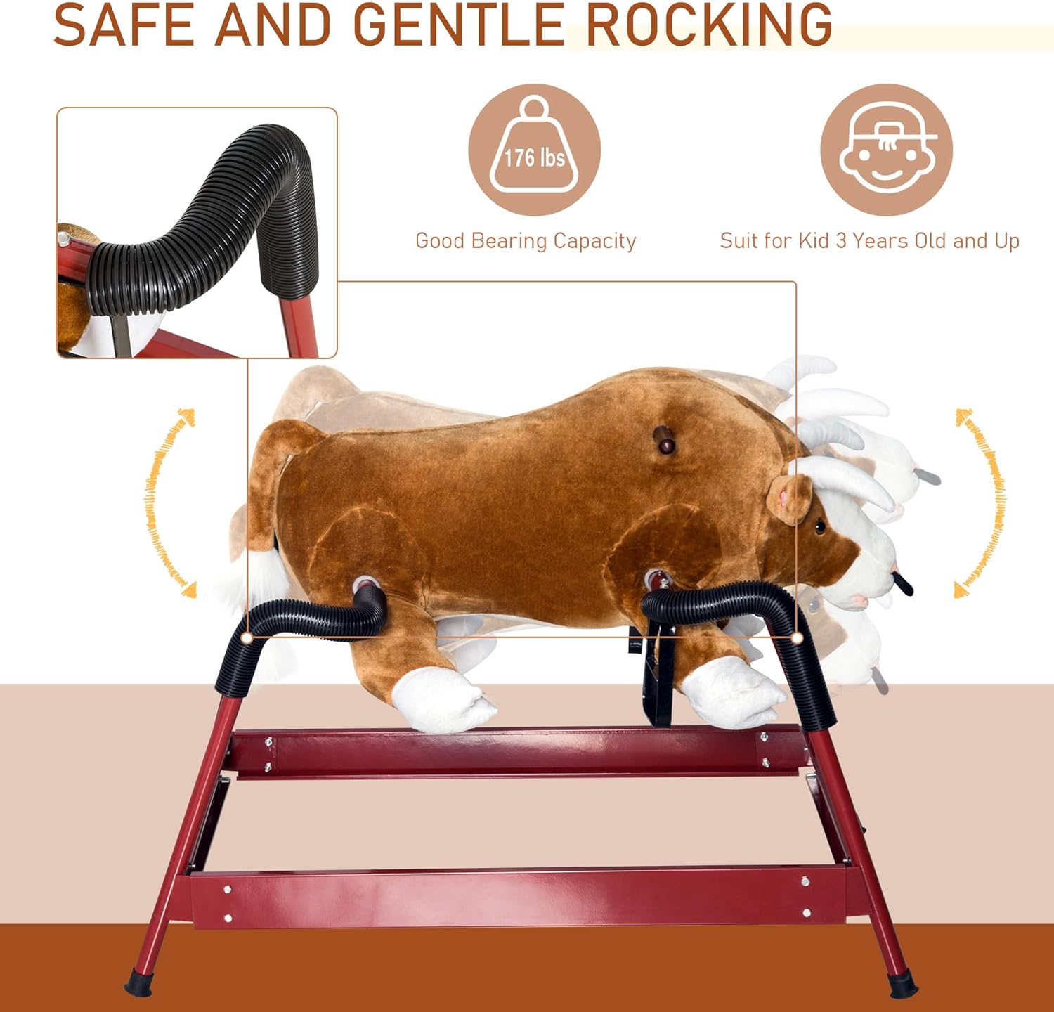 Qaba Kids Spring Rocking Horse Rodeo Bull Style with Realistic Sounds for Children Over 3 Years Old