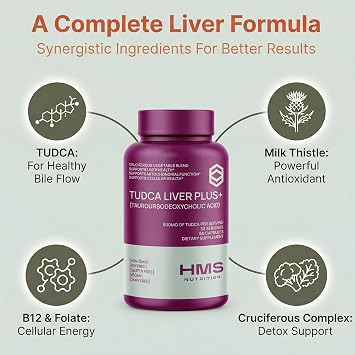 TUDCA Liver Plus+, Liver Support Supplement for Liver Cleanse with Milk Thistle Seed Extract, Vitamin B12, Folate, Tudca Bile Salt Supplement (Tauroursodeoxycholic Acid), 60 Capsules, 1 Month Supply