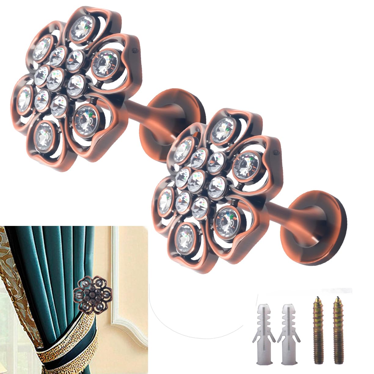 Set of 2 Curtain Tieback Hooks Window Drapery Vintage Wall Hooks Holdbacks Decorative Curtain Hooks Mounted Drapery Holdbacks Curtain Wall Hooks for Curtains (Red Bronze)