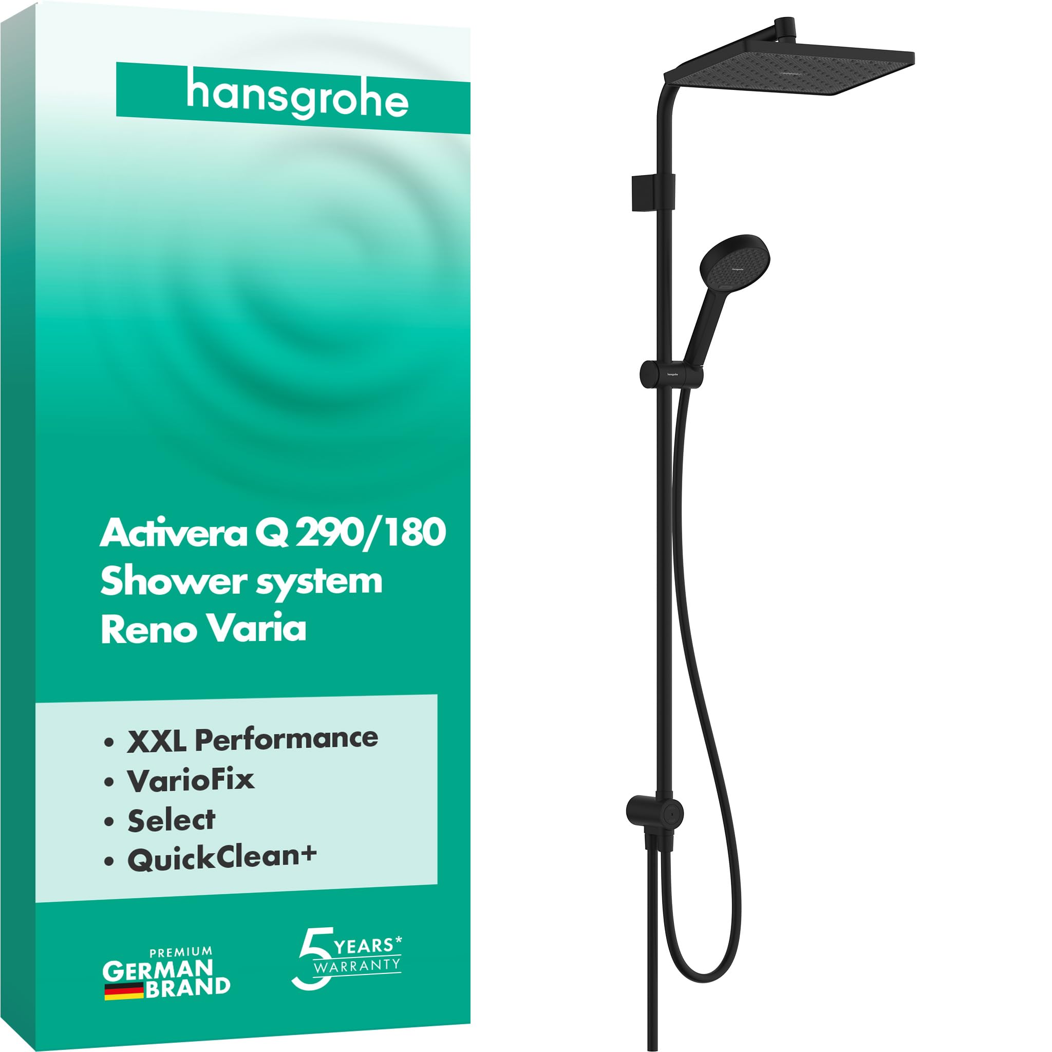 hansgrohe Activera Q - Colonna doccia senza miscelatore (EcoSmart), Sistema doccia con deviatore, soffione (290 x 180 mm), doccetta, tubo e asta, nero opaco, 28757670