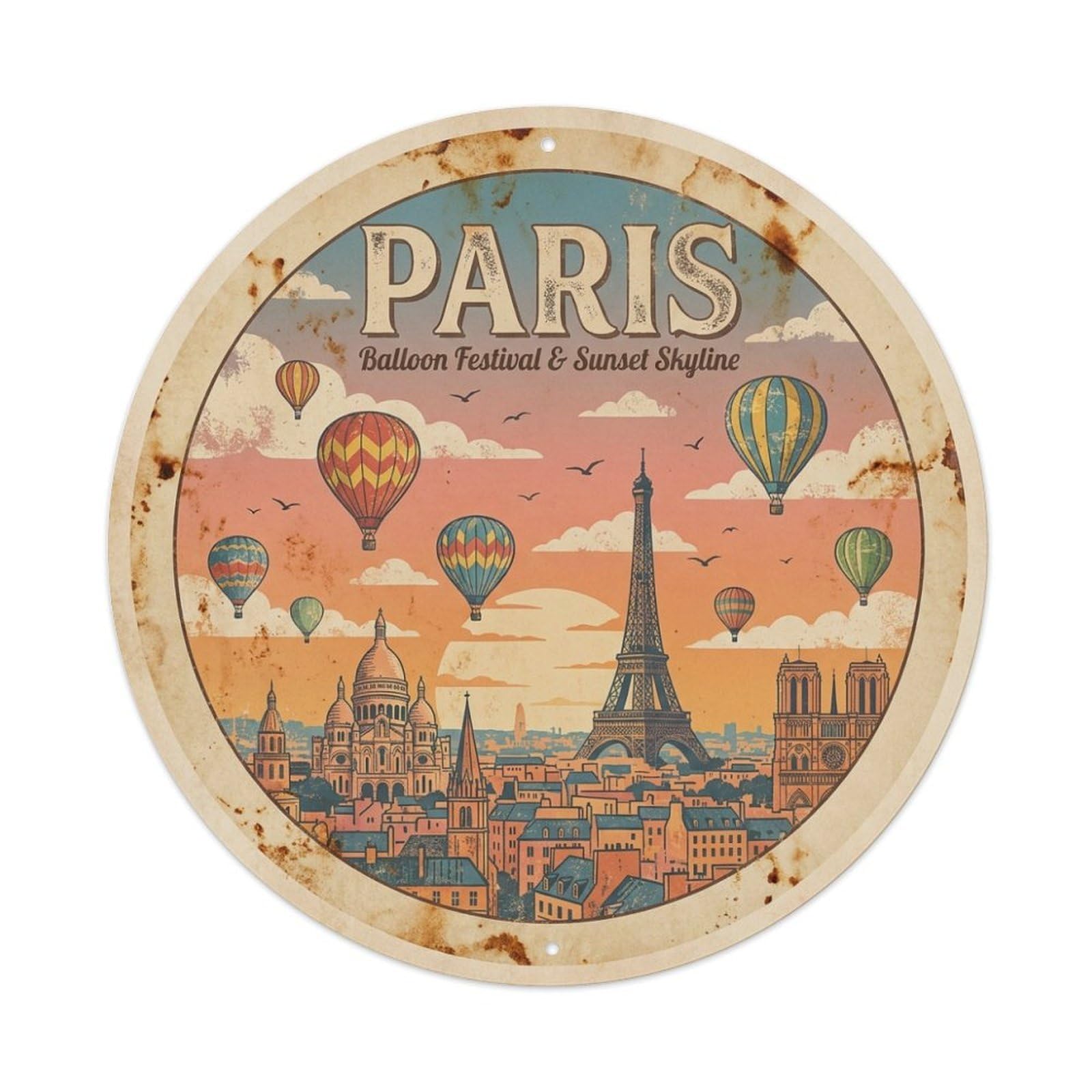 Olhnbad Style Balloons Sunset Skyline Culture Paris Travel Classic Metal Tin Sign