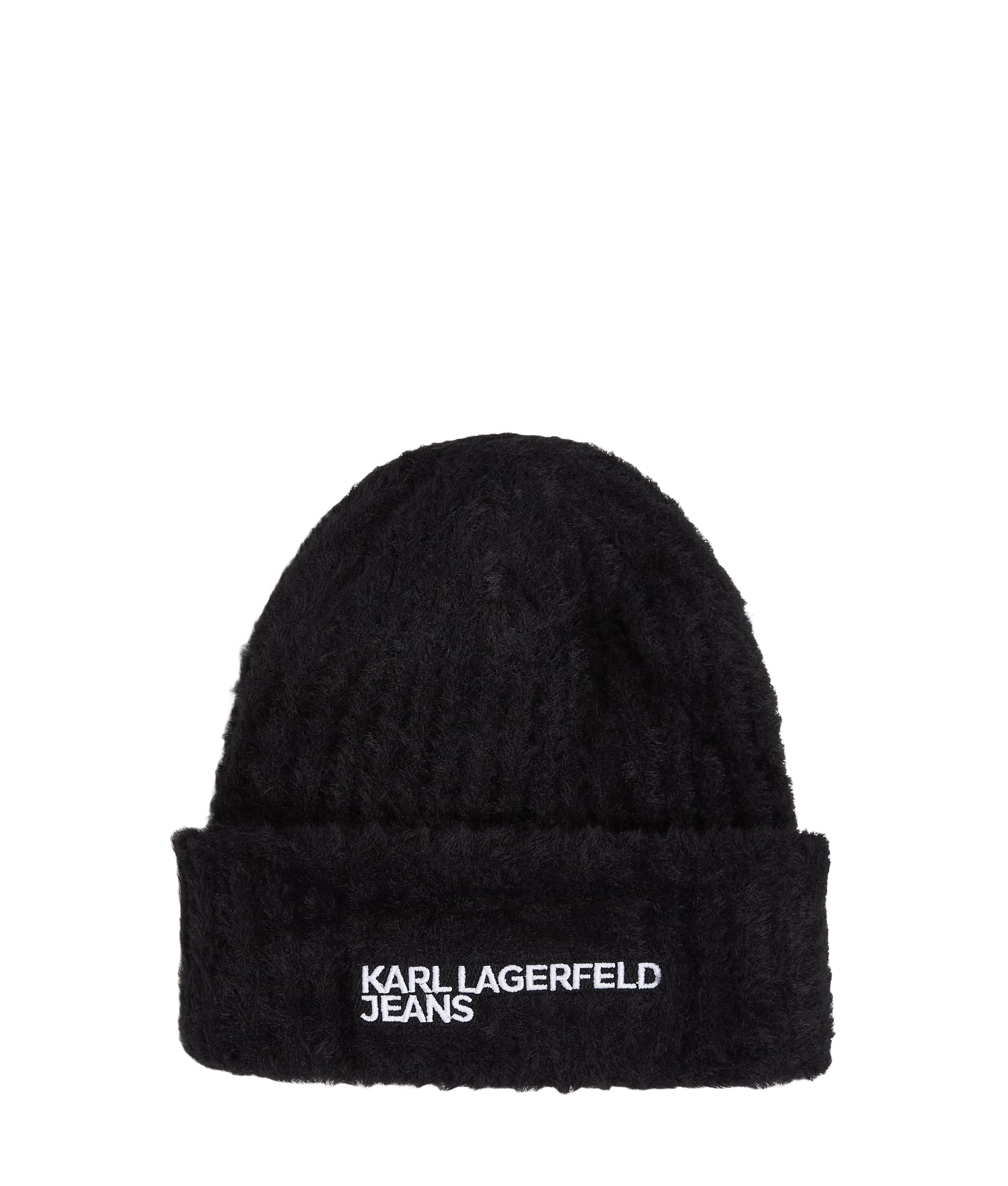 KARL LAGERFELD JEANS Women Furry Logo Beanie Black One Size