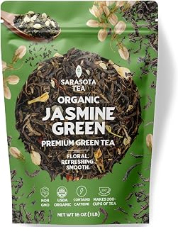 Organic Jasmine Green Loose Leaf Tea | Fragrant Chinese Green Tea Scented with Jasmine Blossoms | USDA Organic | 1lb Bulk Bag | Floral & Smooth | Hot or Iced | Non-GMO