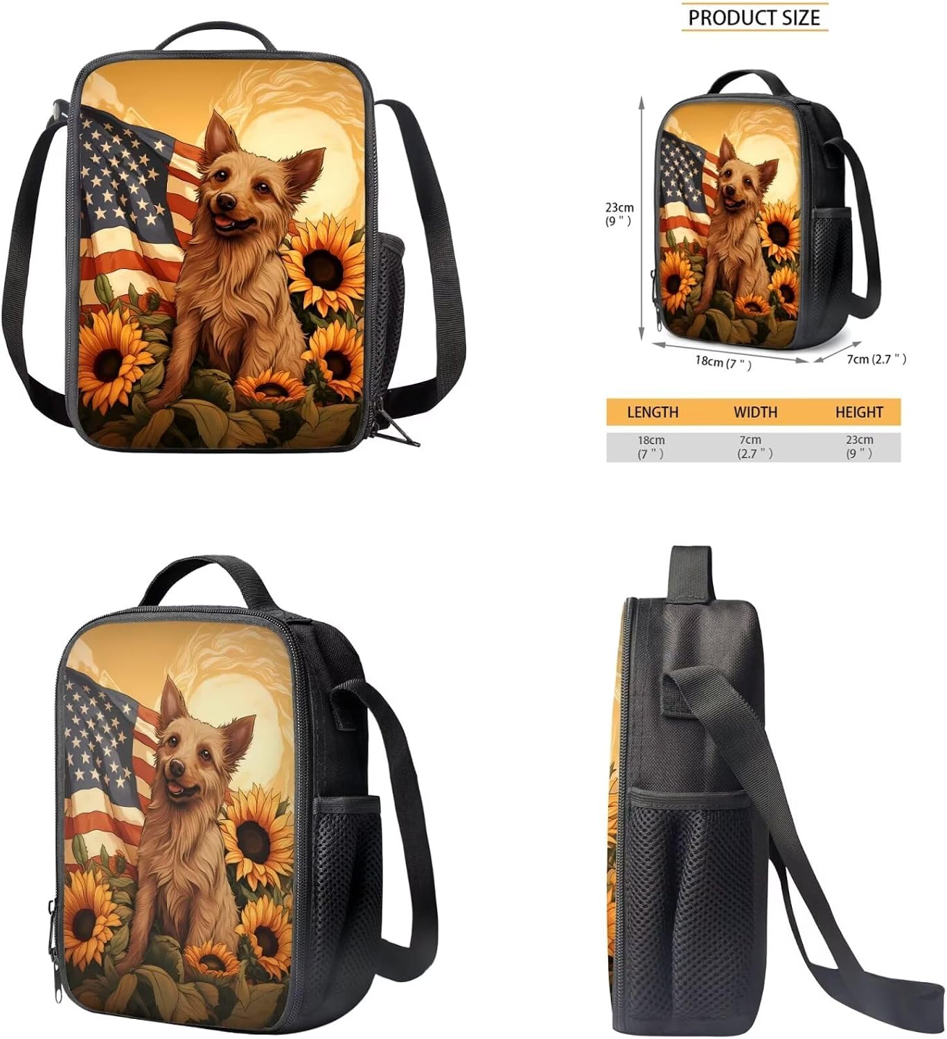 AmzPrint 4 In 1 American Flag Backpack Set Chihuahua Dog Bookbag And Lunch Box Pencil Bag Water Bottler Carrier Set For Girls