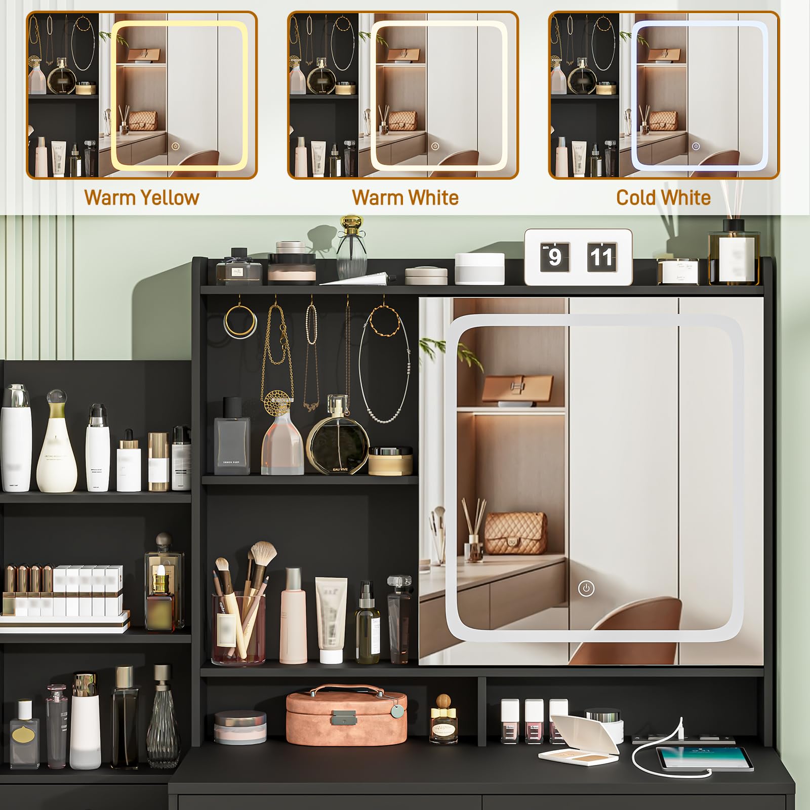 Condition photo showing New/Like New for vabches makeup vanity with led lights mirror and charging station, vanity desk with multiple shelves and drawers, makeup desk with stool, dressing desk with 3 led light models for bedroom, black
