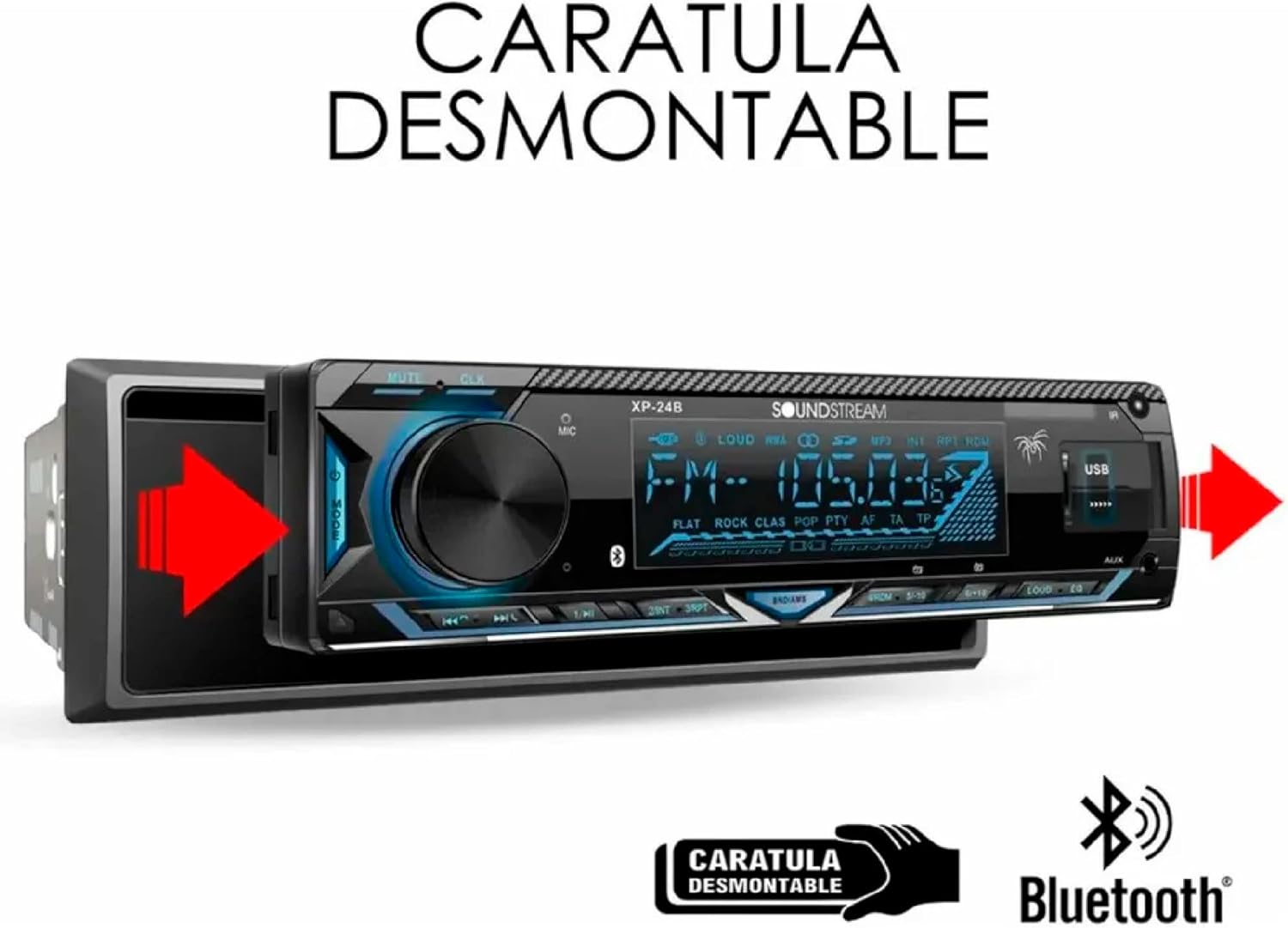 Soundstream VM-23B car stereo with arrows indicating removable faceplate