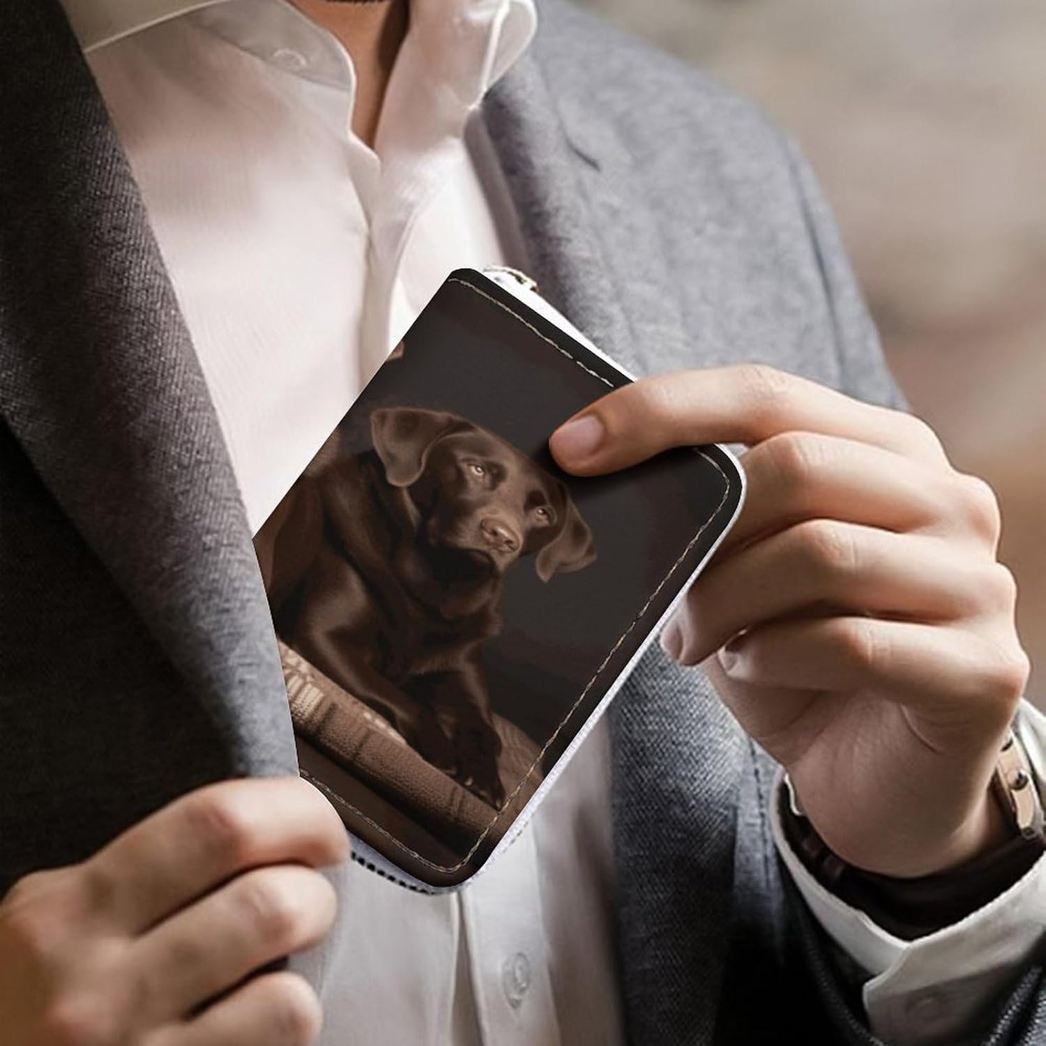 Leather Card Organizer Case Card Wallet Credit Card Holder Brown Labrador Retriever Printed Zipper Card Cases Holder for Women Men