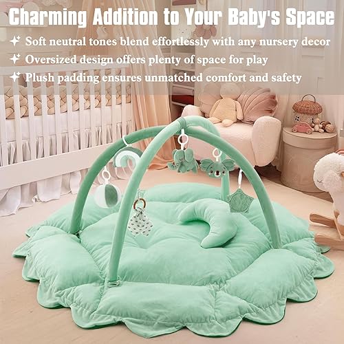 Miniatura 5 de Gimnasio de juego de bebé de 5 en 1 de peluche, tapete para tiempo boca abajo, tapete de juego, gimnasio para bebés, tapete de actividades con Verde