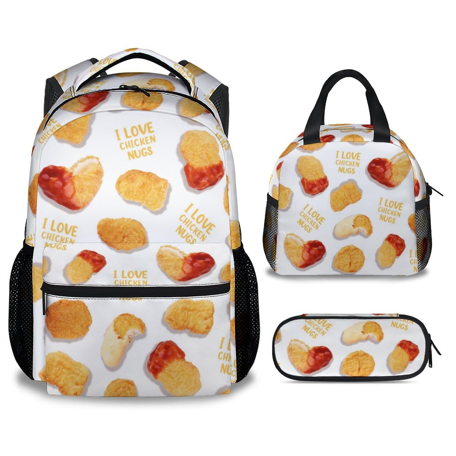 UNIKITTY Chicken Nuggets Backpack with Lunch Box, Set of 3 School Backpacks Matching Combo, Casual White Bookbag and Pencil Case Bundle