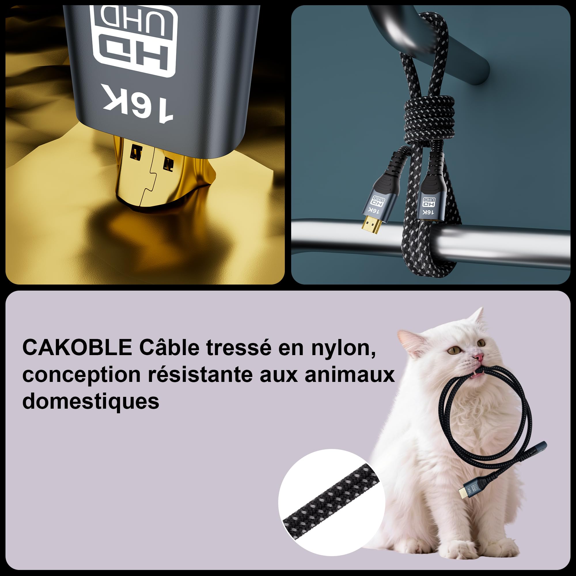 CAKOBLE Câble Prolongateur HDMI 2.2 0.5m, 96Gbps Ultra High Speed,16K@60Hz 8K@240Hz 4K@480Hz,HDMI 2.1,eARC, HDR10+, Dolby Atmos/Vision, HDCP 2.3,Mâle vers Femelle,pour TV PS5 Xbox Moniteur