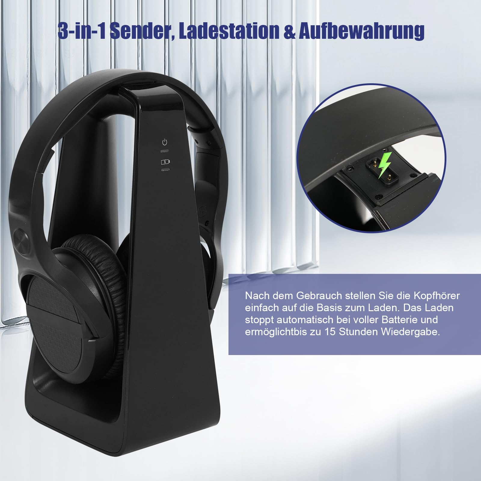 Kabellose TV-Kopfhörer für Senioren mit Großen Tasten, 2,4G Sender-Ladestation, Unterstützung Optischen/RCA/AUX-Ausgang Bluetooth-Over-Ear-Kopfhörer mit 3EQ-Modi, 30m Reichweite keine Audioverzögerung
