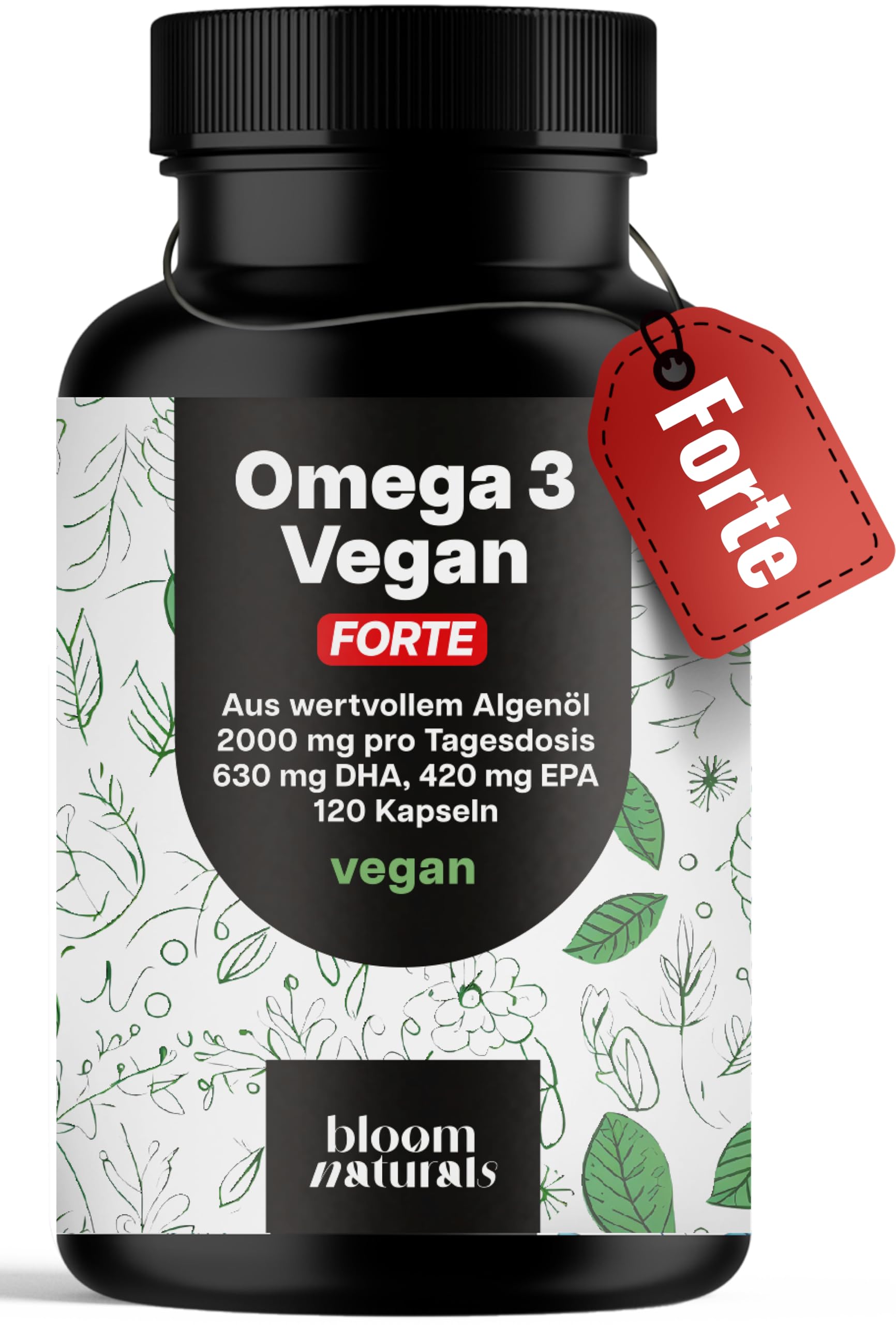 Omega 3 Kapseln Hochdosiert FORTE Vegan - 120 Kapseln - 2000mg Algenöl - 630 mg DHA & 420 mg EPA - Vegan & Produziert in Deutschland - Laborgeprüft - Verpackung kann variieren