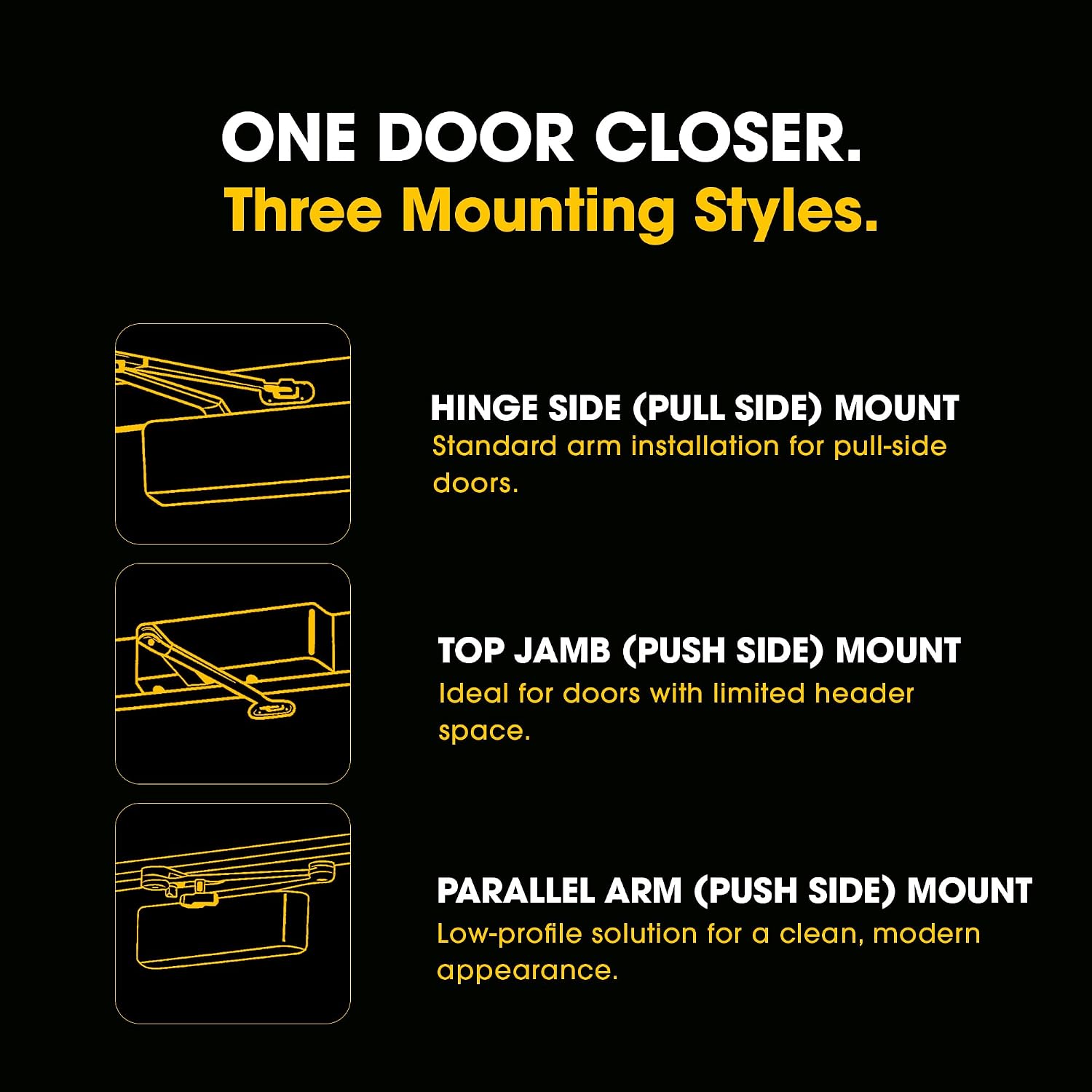 Automatic Door Closer – UL Certified, Medium Duty for Commercial/Residential Use, Adjustable Size, Indoor/Outdoor, ADA Compliant, Fits 80-140 lb Doors (Black Regular ARM)