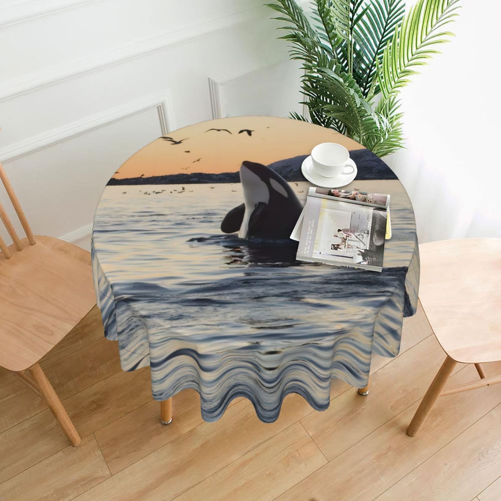 YYHHAOFA Killer Whale Prints 60in Round Decorative Tablecloth – High-Grade Polyester Throw Cover for Dining, Parties, and Outdoor Events