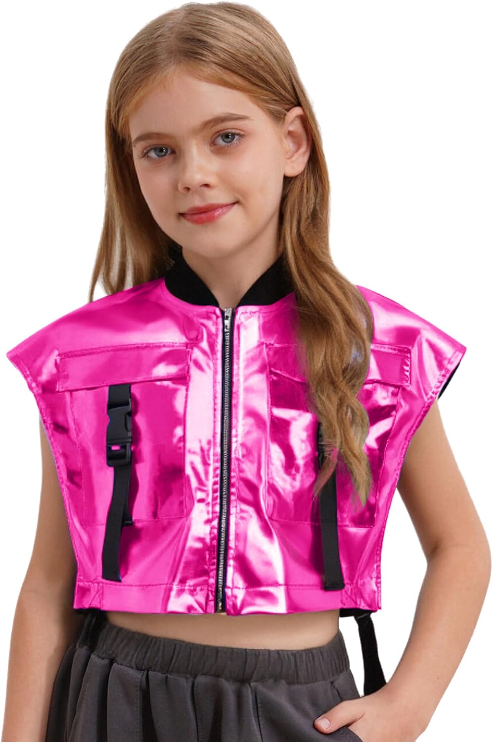 Loyan Kids Girls Hip-Hop Jazz Dance Vest Shiny Festivals Outfits Metallic Waistcoat Rave Party Disco Shirt Cropped Tops