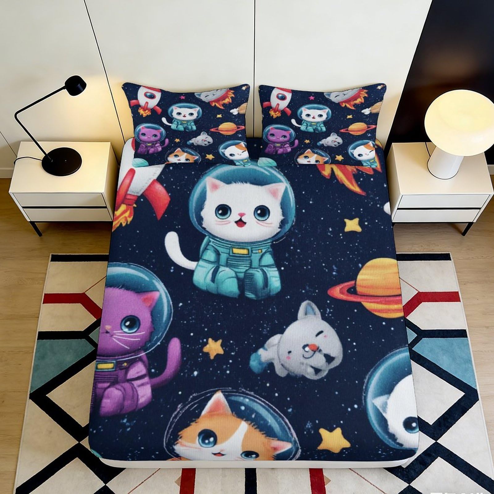 3D Printed Space Astronaut Cat Fitted Sheet Microfiber Soft Decorative Cartoon Rocket Bed Cover for Bedroom Guest Room 90x200x25cm
