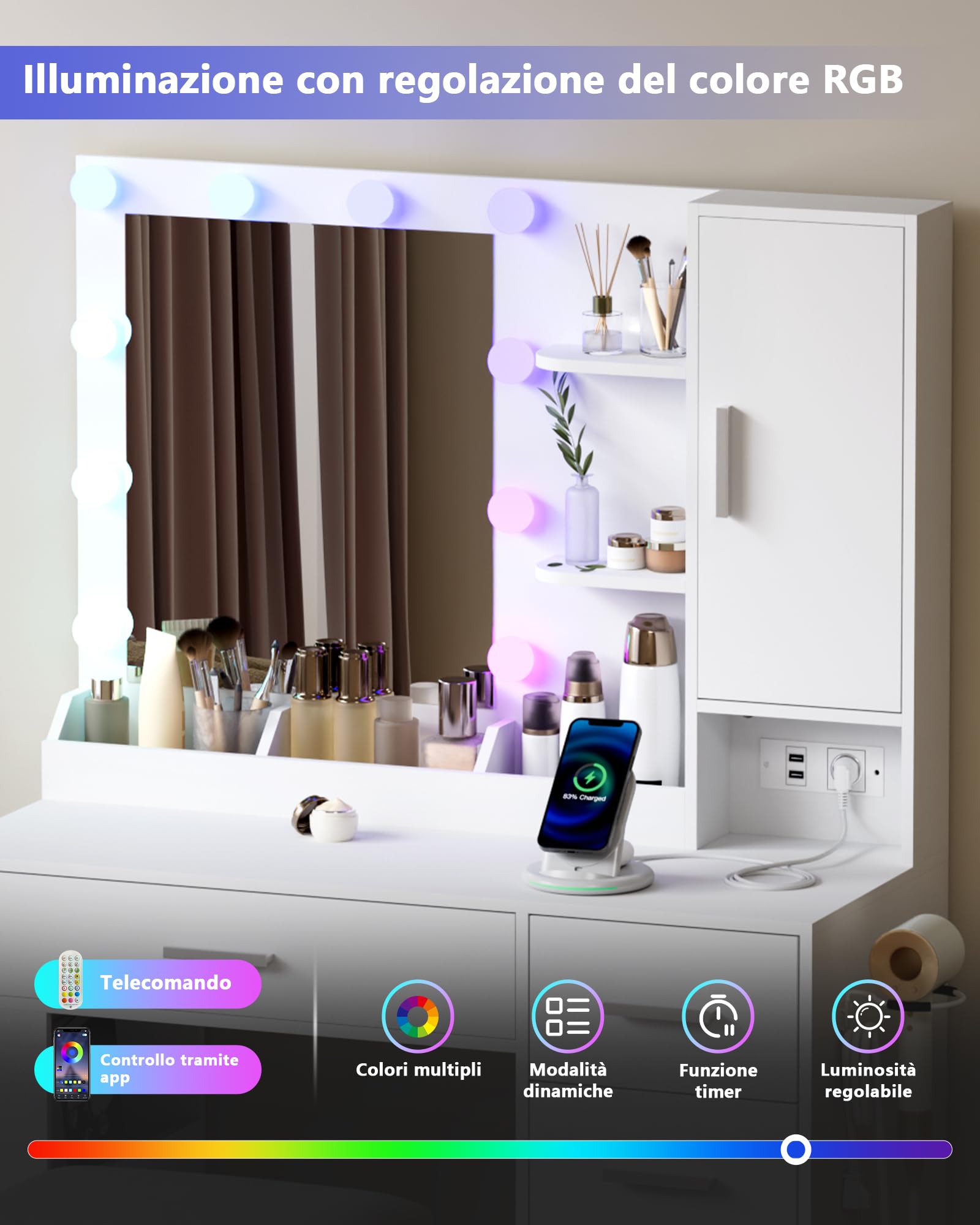 Toeletta con Specchio e Illuminazione, Tavolo da Trucco con Sgabello, Presa Elettrica e Porte USB, Toeletta con 5 Cassetti, Armadietto per Gioielli, Ripiani Aperti e Supporto per Asciugacapelli, Bianc