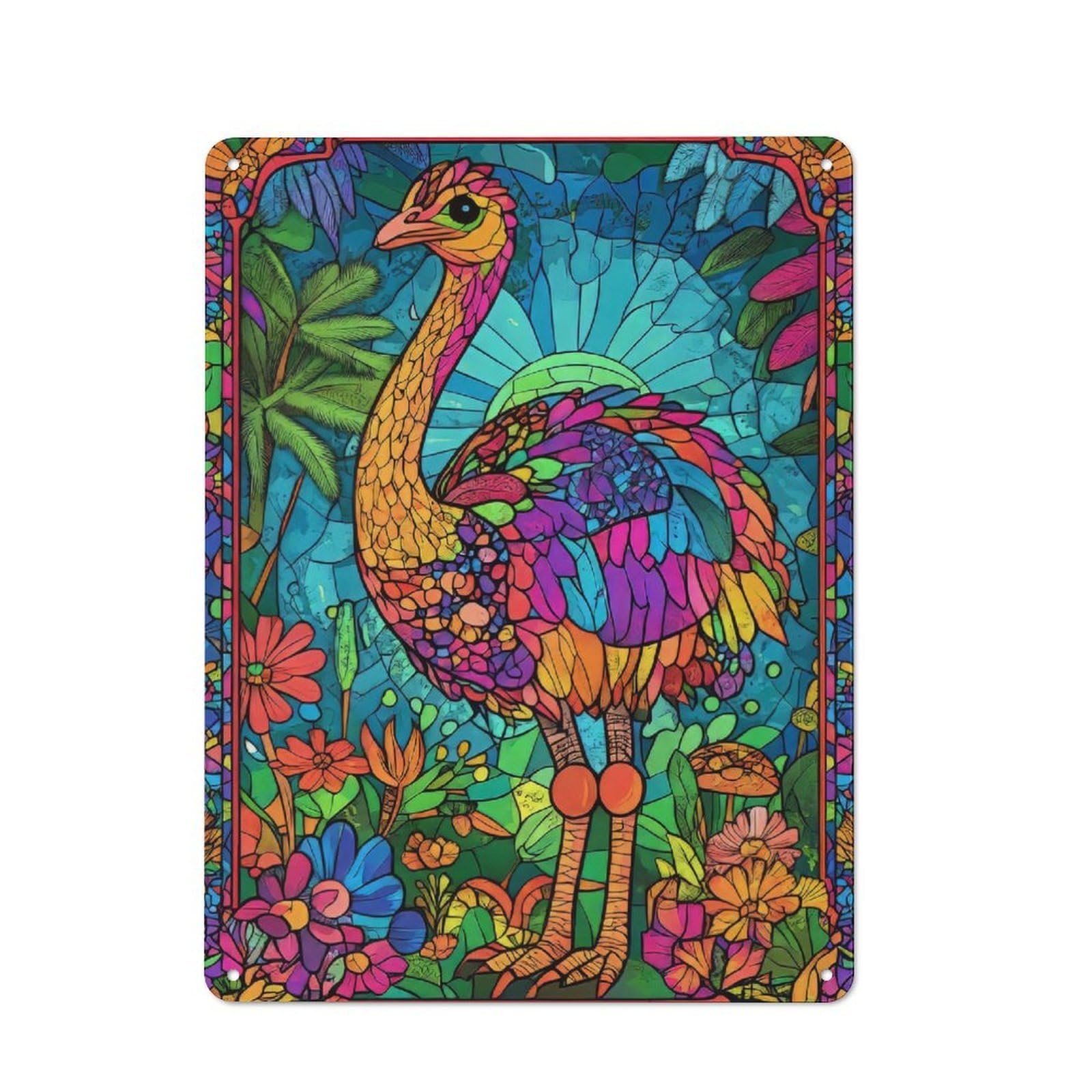 Junmoney Stained Glass Ostrich Retro Tin Sign 40X30cm For Bar Or Restaurant, For Collectors Of Retro Metal Wall Decor