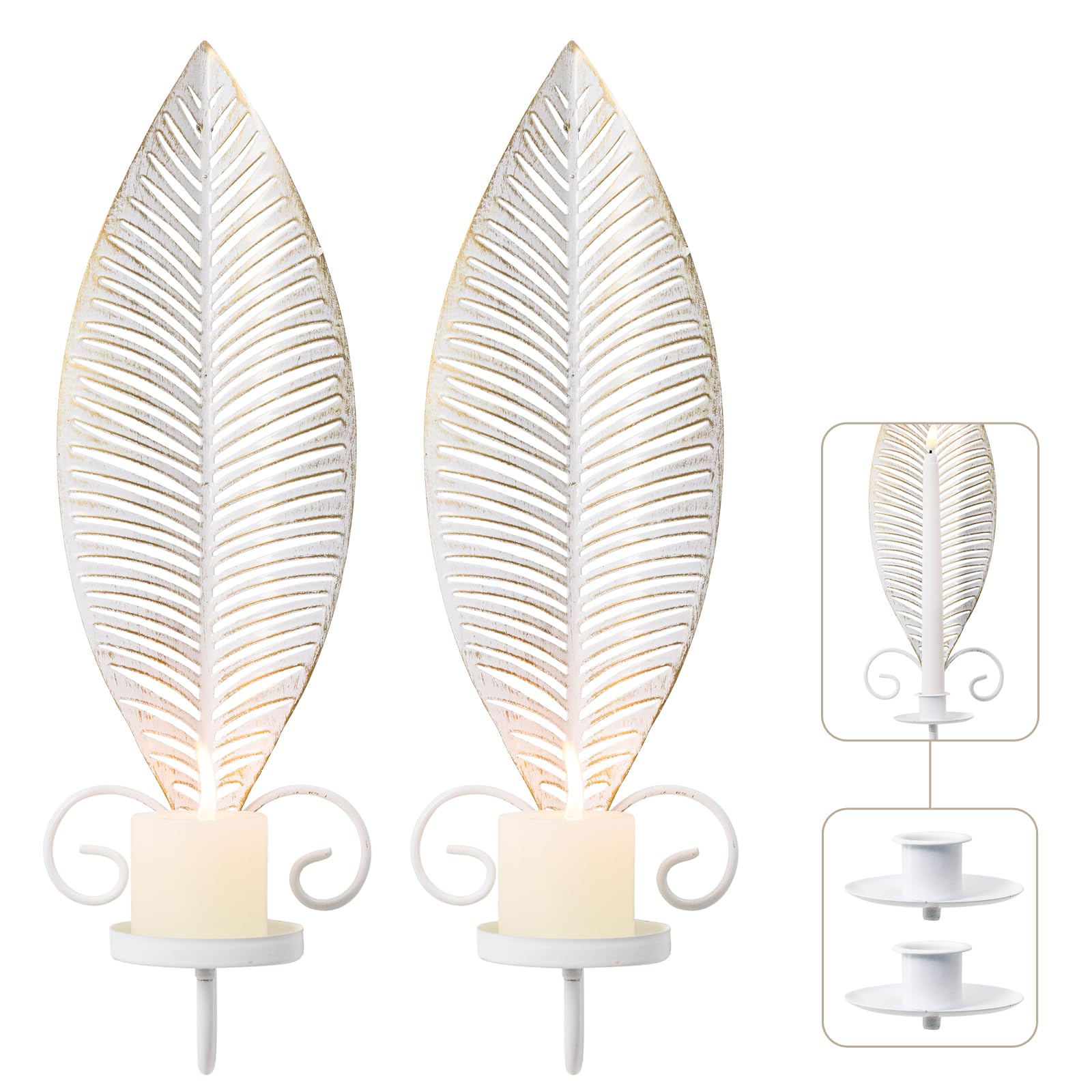 Wall Candle Holder Set of 2, Taper &amp; Pillar Wall Iron Candelabra, Rustic Candle Holders Wall Décor Farmhouse Candle Sconces for Living Room Farmhouse Fireplace Wedding Washed Brown(Distressed White)