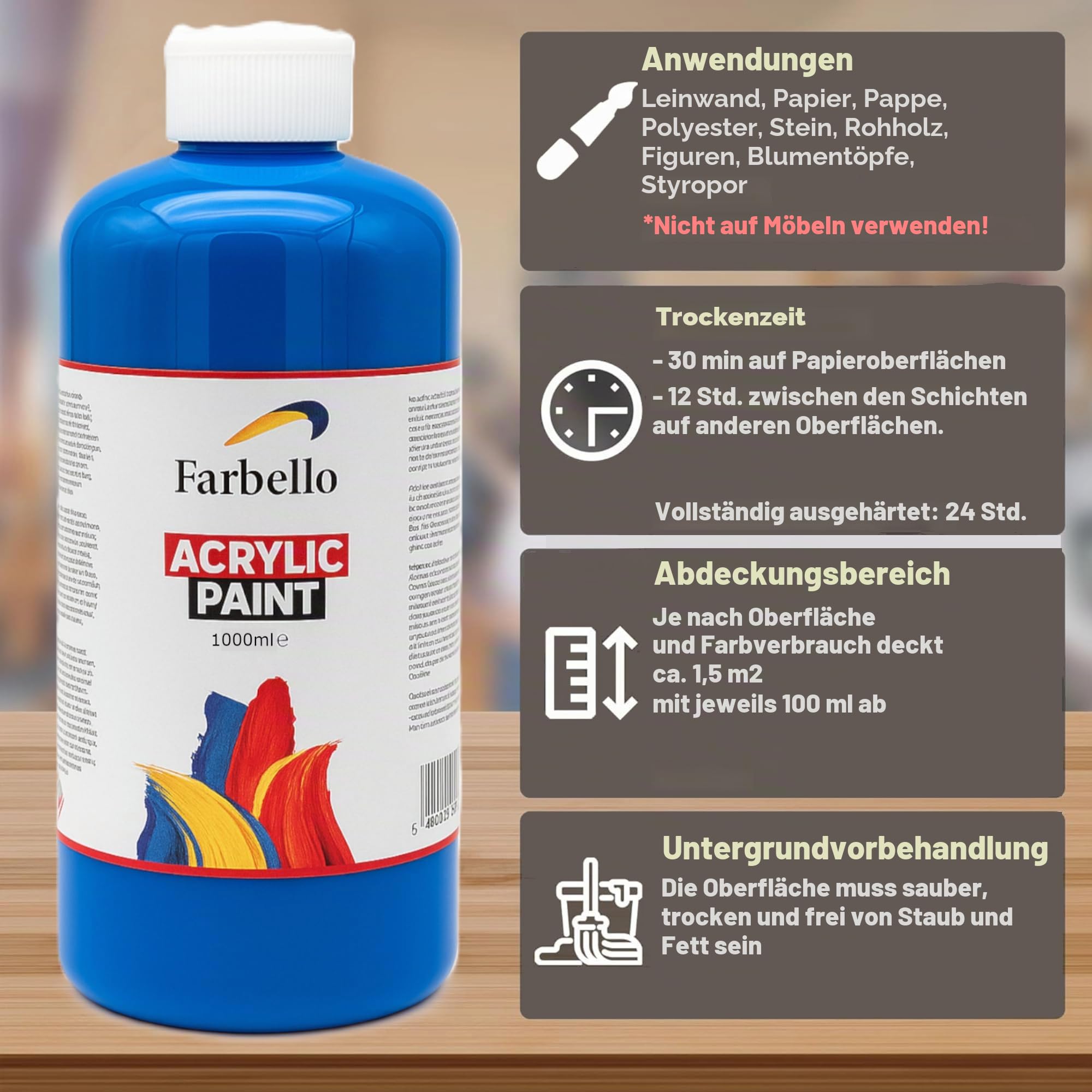Acrylfarben Set 6 Farben je 1000ml – Wasserbasiert, wasserfest & hochpigmentiert –Profi Künstlerbedarf Acrylfarben Großpackung für Holz, Leinwand, Stoff, Stein. Pouring. Acrylfarben-Set (6 Farben)