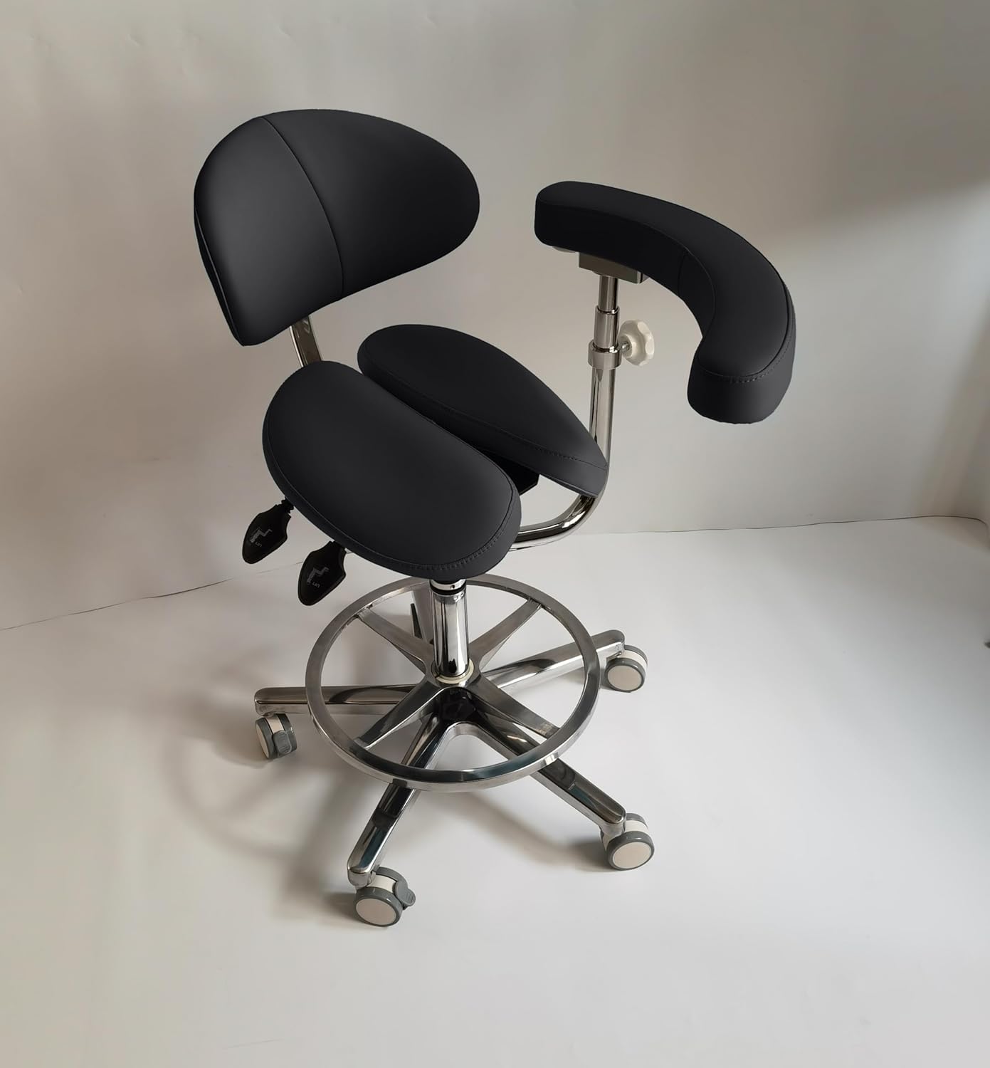 Medical Dental Saddle Assistant Chair Stool with Rotatable Arm and Ergonomic Back Support for Dentist Operator Seating in Dental Clinics, Microfiber Leather (C13 Black)