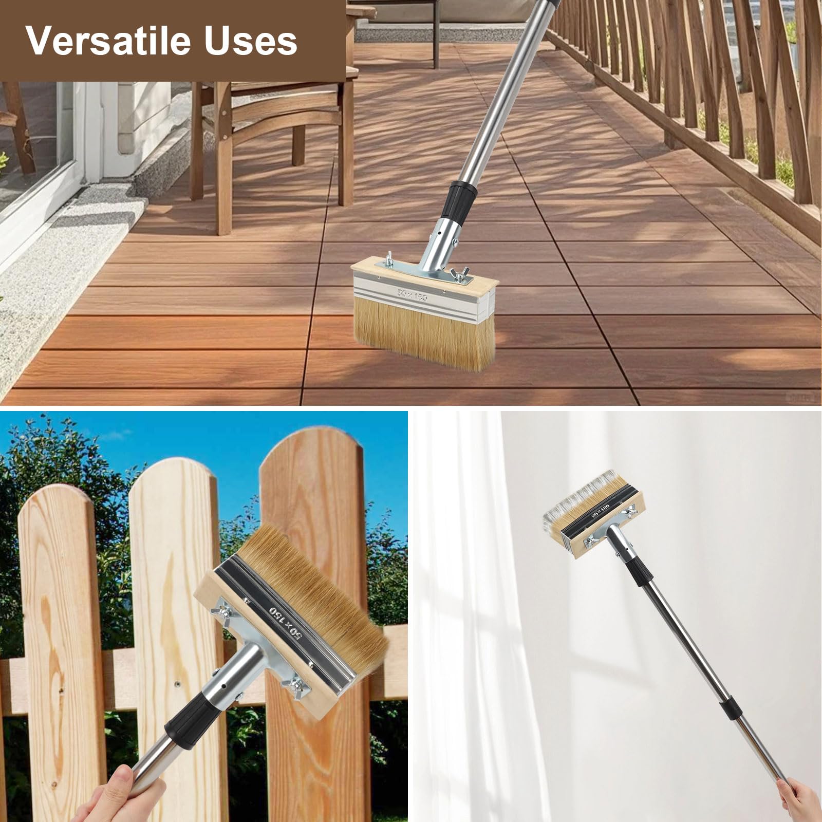 Terrassen-Streichbürste mit Teleskopstiel – 150mm Lasurpinsel & 3-Zoll Malerbürste – inkl. 152 cm Verlängerungsstiel – Streichbürste für Holzterrasse, Zaun, Betonboden, Holzschutz, Öl, Lack, Lasur