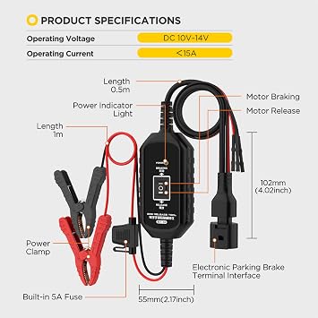BT10 EPB Release and Braking Tool for Brake Pad Replacement and Emergency Vehicle Rescue - Dual-Channel Electronic Parking Brake Piston Retractor with 5A Fuse and Reverse Polarity Protection