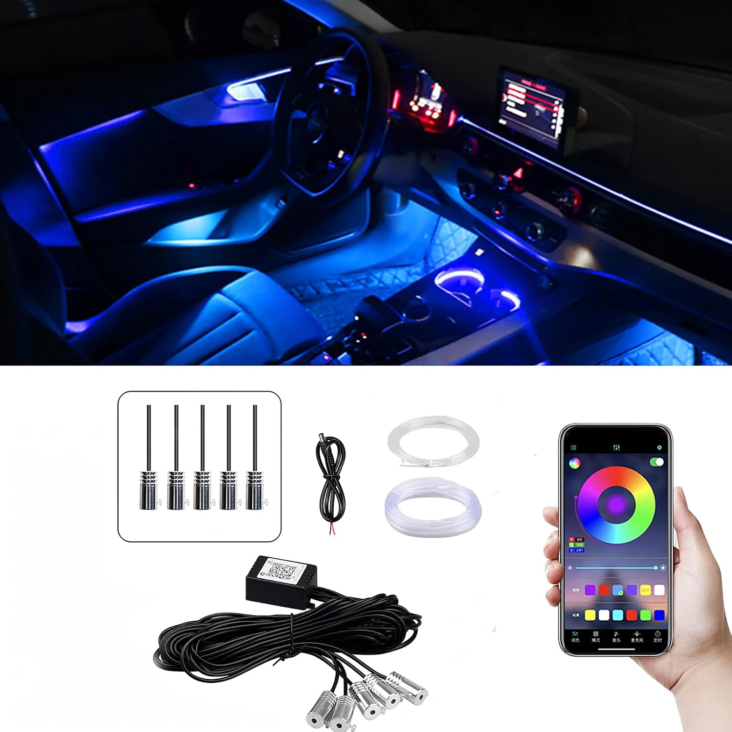 Car LED Interior Lights Strip with APP Control, RGB Interior Car LED Lights Strip, Ambient Lighting Kit with 236 Inches Fiber Optic, Music Mode Sound Active Cars Atmosphere Lights Neon Lights