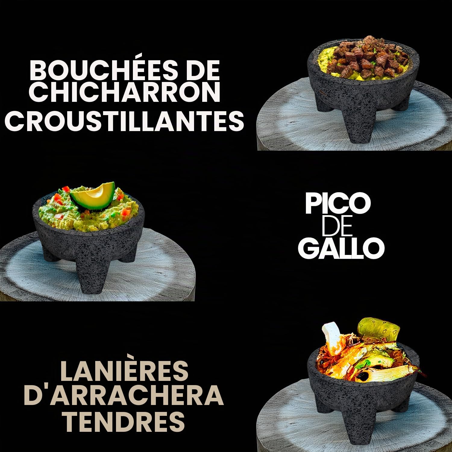 Bol mexicain Molcajete original fabriqué à la main en pierre de lave authentique au Mexique – Molcajete de Piedra volcanica – Pilon de mortier volcanique mexicain – Pierre de lave authentique