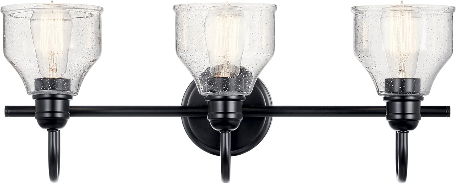 Kichler Avery 24" 3-Light Bathroom Vanity Light Fixture with Clear Seeded Glass in Black for Modern Industrial Farmhouse Style, Wall Mount Over Mirror (24" x 9.5" x 8.25"), 45973BK