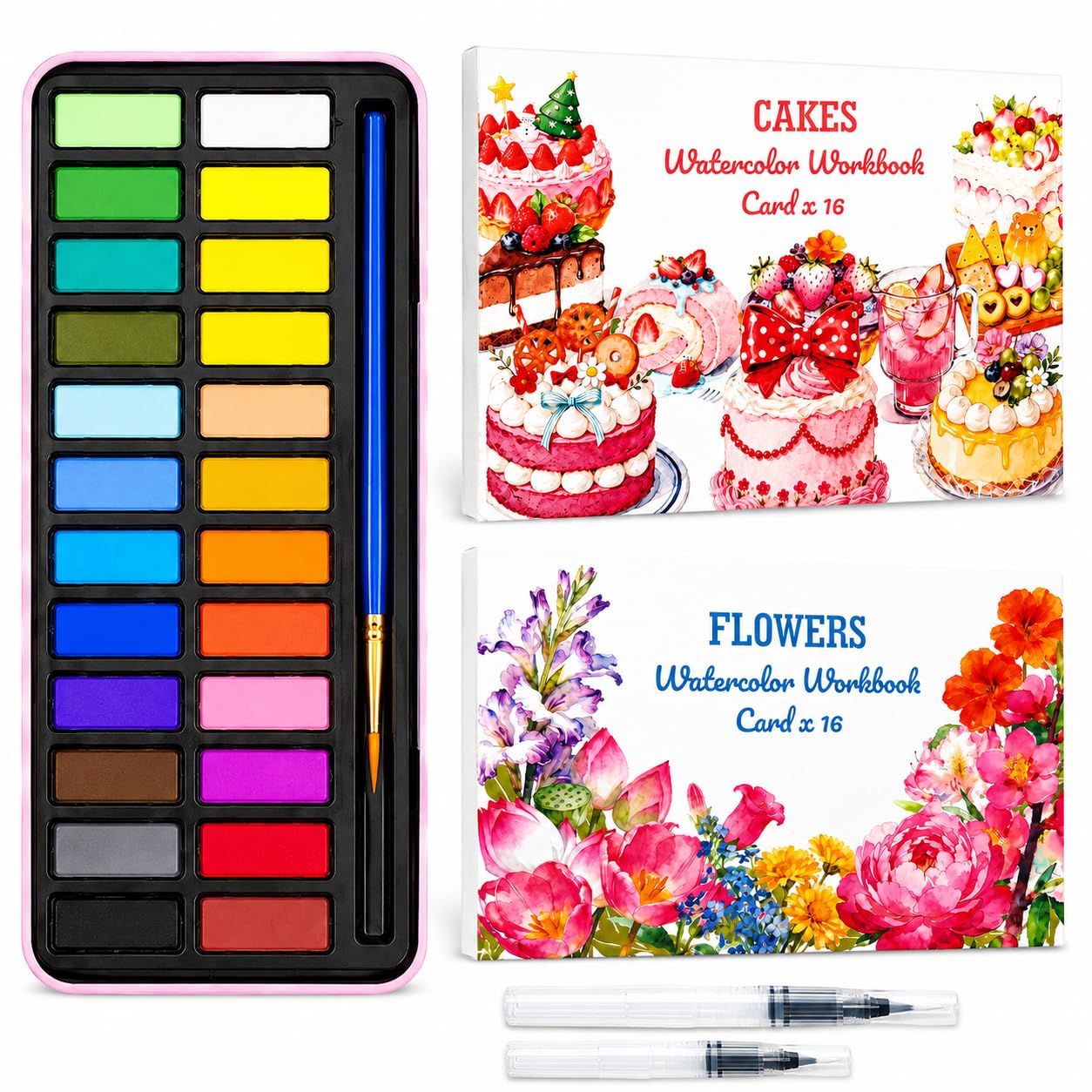 Fakindiy 2-Pack Watercolour Book Set for Adults, Workbook Cake and Flower