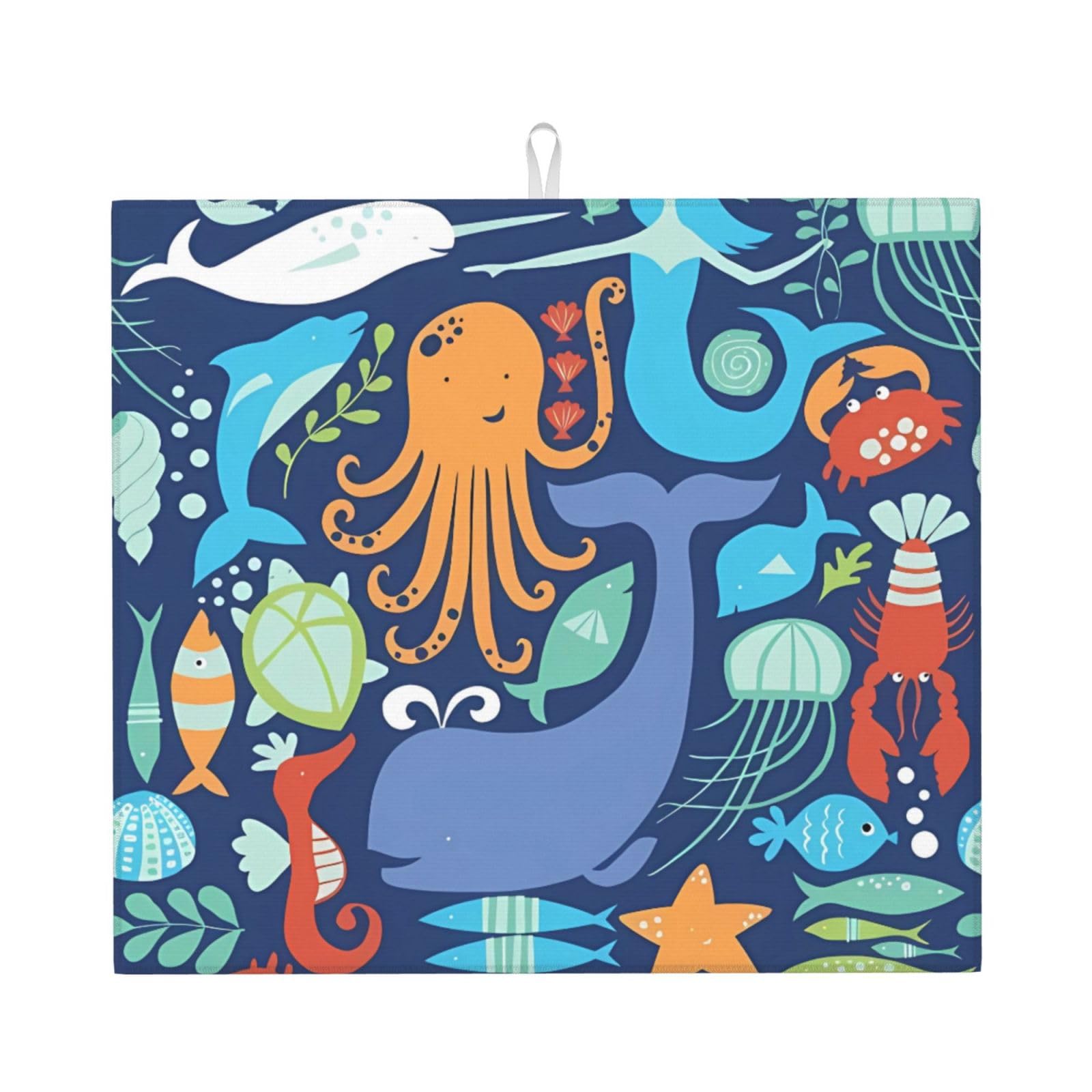 WHJSHOP Ocean whale fish octopus Prints Kitchen Drying Mat - Absorbent Dish Drying Throw with Vibrant Prints, Quick-Dry Countertop Layer for Dishes & Glassware - Non-Slip