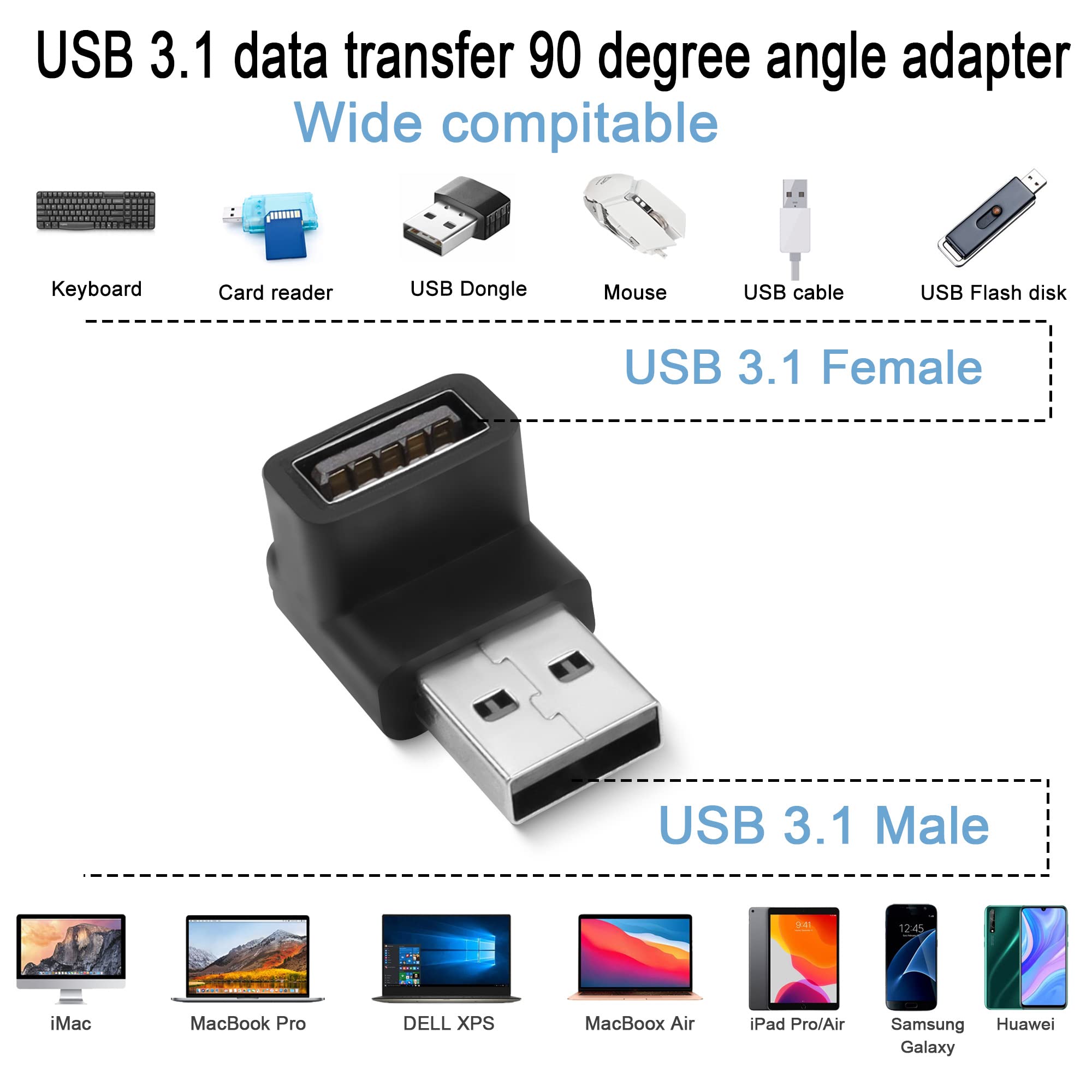 QIANRENON 2 adaptery kątowe USB 3.1 90°, 10 Gbps, USB 3.1, żeński na żeński, w kształcie litery L, łącznik kątowy, do ładowania 3 A, OTG, 2 sztuki (kolanko dodatnie / żeńskie puch)