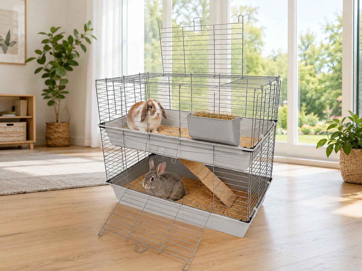 Hasenkäfig für Innen, 2-Stöckig, Geräumig, Kleintiergehege für Kaninchen grau