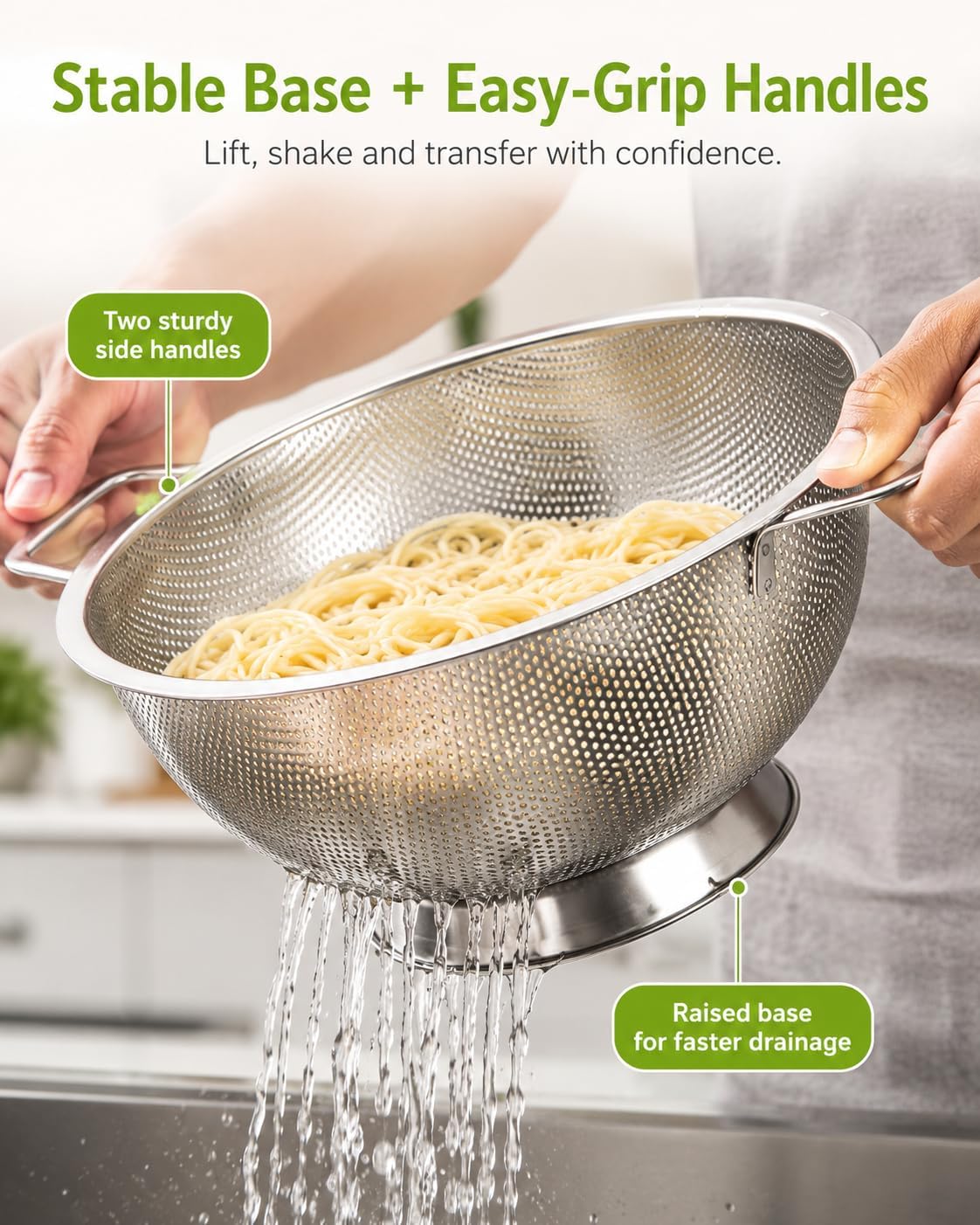 3-Quart Colander for Kitchen, Stainless Steel Colander with Base, Pasta Strainer with Handle, Food Strainer for Spaghetti, Vegetables, Fruit