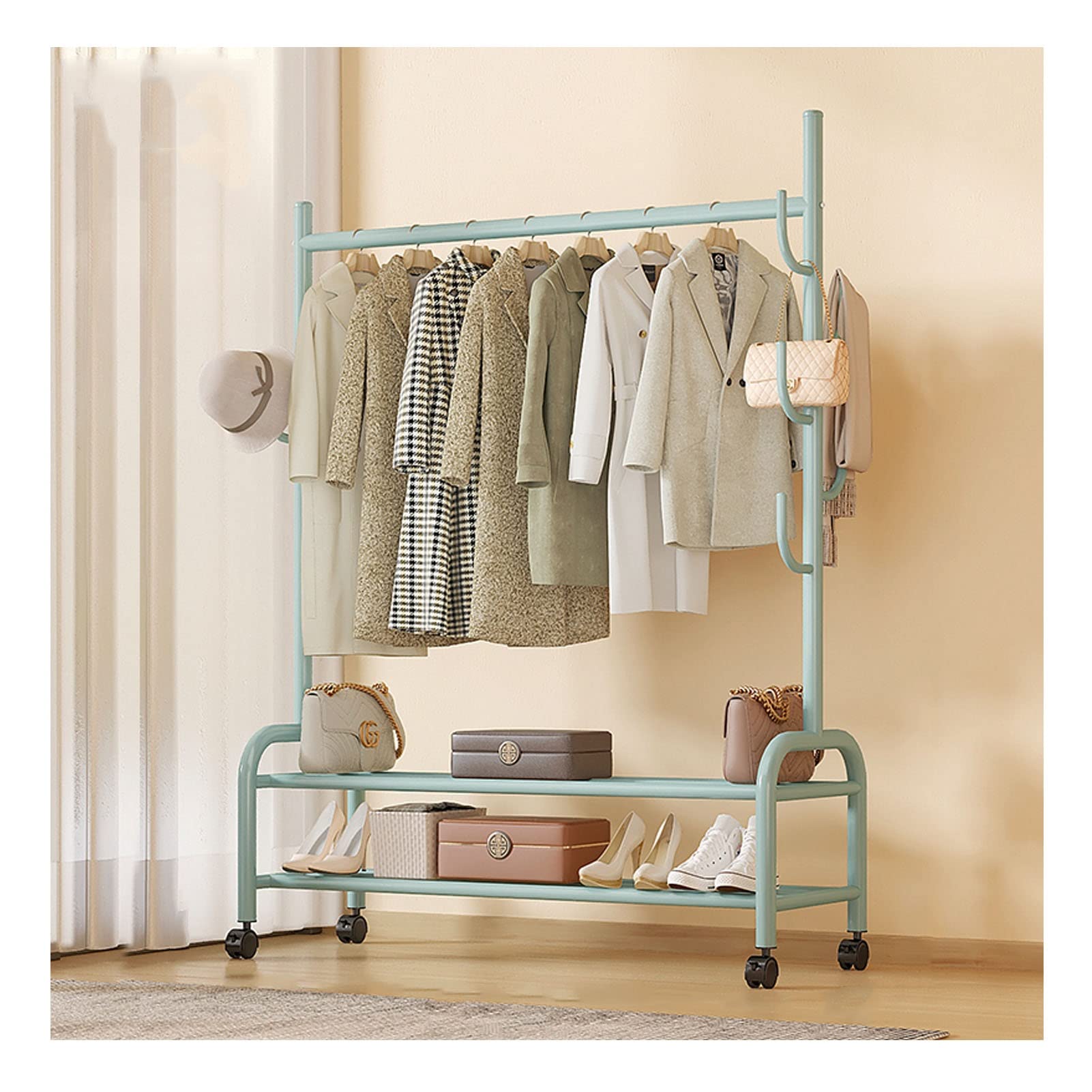Árbol Hall con ganchos Rieles ropa de metal resistente Independiente Perchero Carrito de ropa móvil multifuncional Con estantes de almacenamiento inferiores de 2 niveles Para dormitorio ( Color : Gree